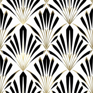 Bold Art Deco geometric wallpaper with black and white fan motifs and gold lines, ideal for stylish, modern interiors.