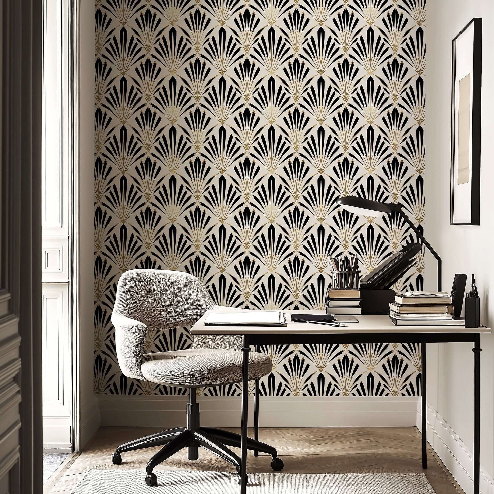 Art Deco geometric wallpaper with black and white fan motifs and gold accents, perfect for elegant, modern living or study spaces.
