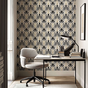 Art Deco geometric wallpaper with black and white fan motifs and gold accents, perfect for elegant, modern living or study spaces.