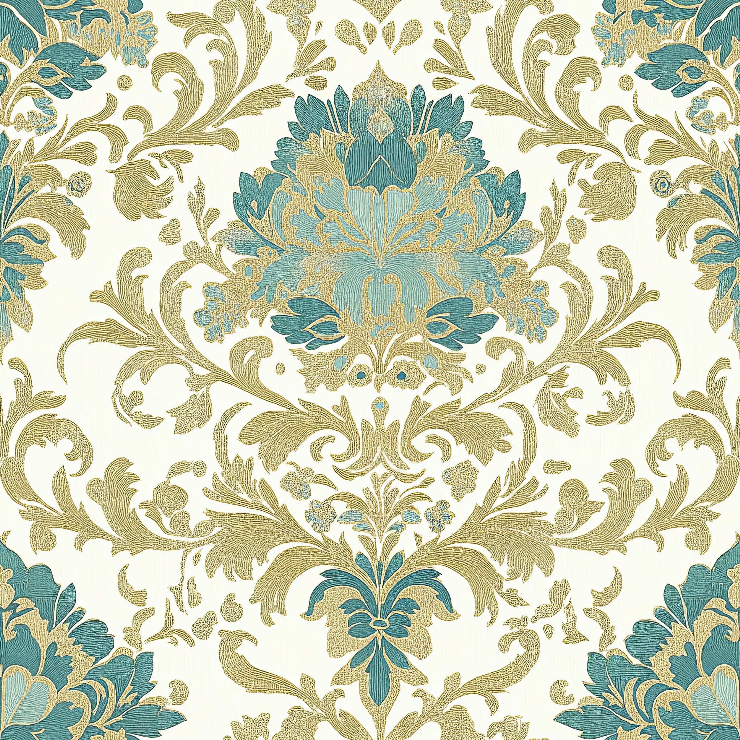Damask floral wallpaper in teal and gold, Golden Tapestry Revival design for elegant spaces, featuring classic and timeless patterns.
