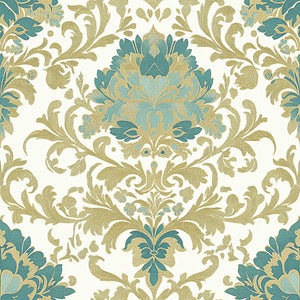 Damask floral wallpaper in teal and gold, Golden Tapestry Revival design for elegant spaces, featuring classic and timeless patterns.