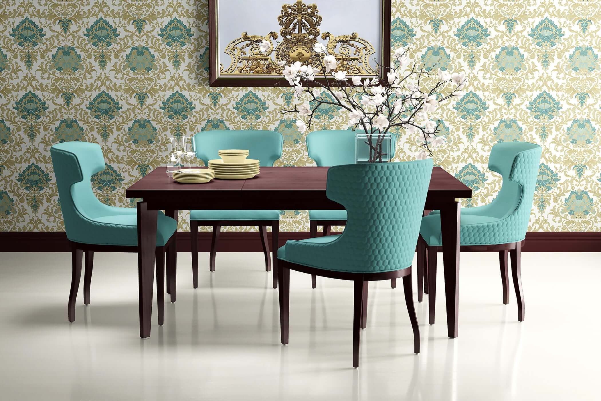 Elegant dining room with teal chairs and Golden Tapestry Revival wallpaper featuring damask patterns in teal, gold, and tan accents.