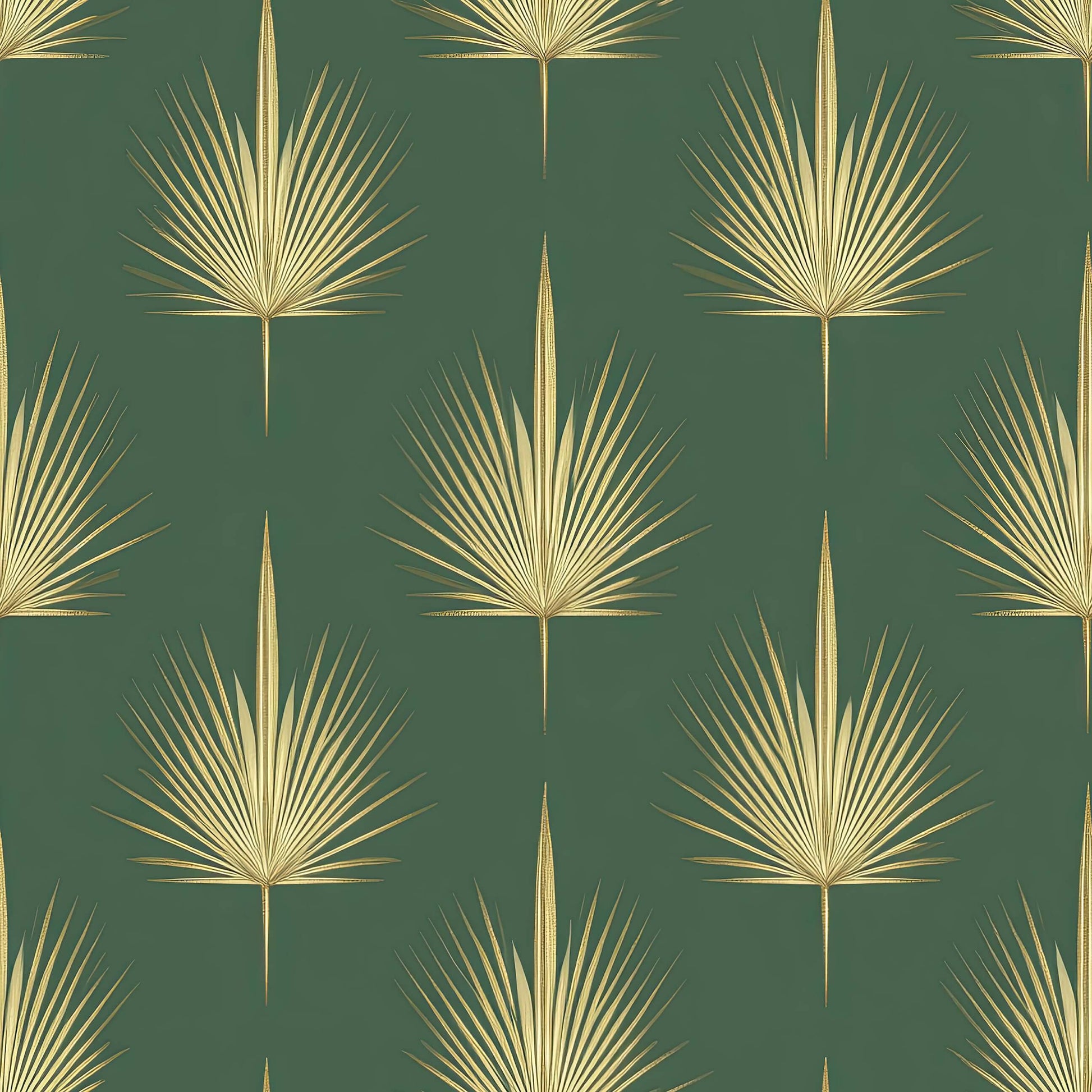 Art Deco wallpaper with golden palm leaves on a green background, perfect for luxurious interiors. "Gilded Palm Luxury" wallpaper.