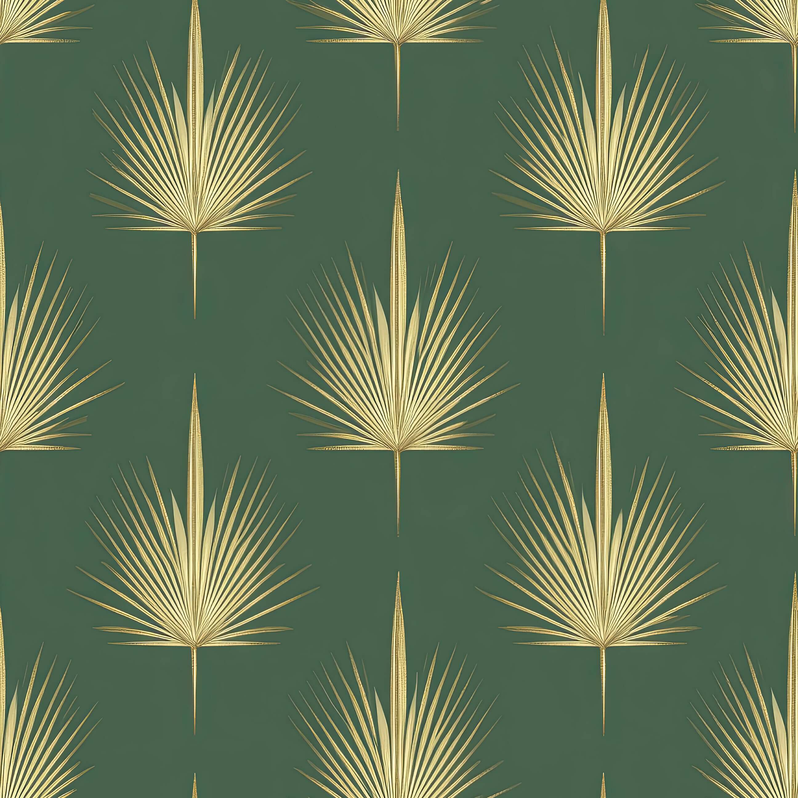 Art Deco wallpaper with golden palm leaves on a green background, perfect for luxurious interiors. "Gilded Palm Luxury" wallpaper.