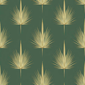 Art Deco wallpaper with golden palm leaves on a green background, perfect for luxurious interiors. "Gilded Palm Luxury" wallpaper.