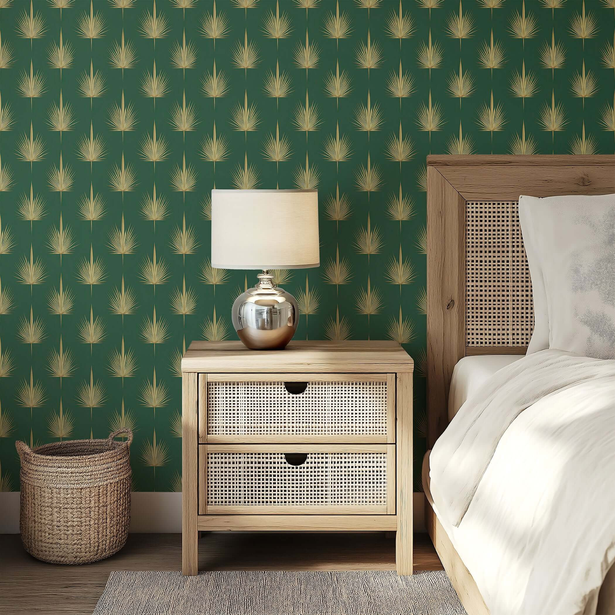Gilded Palm Luxury Wallpaper with golden palm leaves on a deep green Art Deco background, enhancing a bedroom's elegant decor.