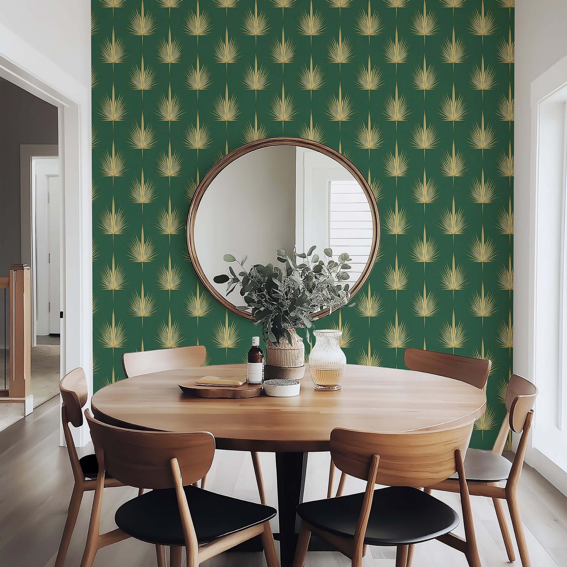 Luxurious accent wall with Gilded Palm Wallpaper featuring golden palm leaves on green, adding Art Deco sophistication to dining space.