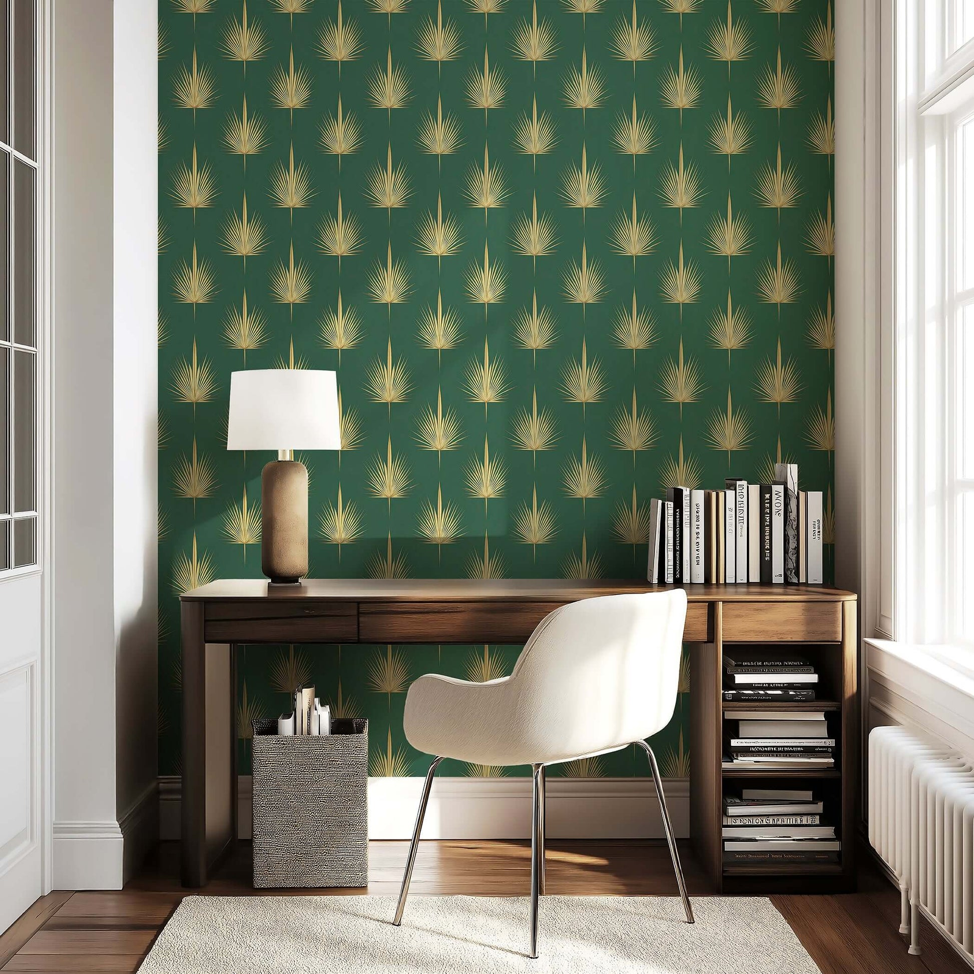 Art Deco wallpaper with golden palm leaves on green backdrop in a modern home office, enhancing luxury and sophistication.