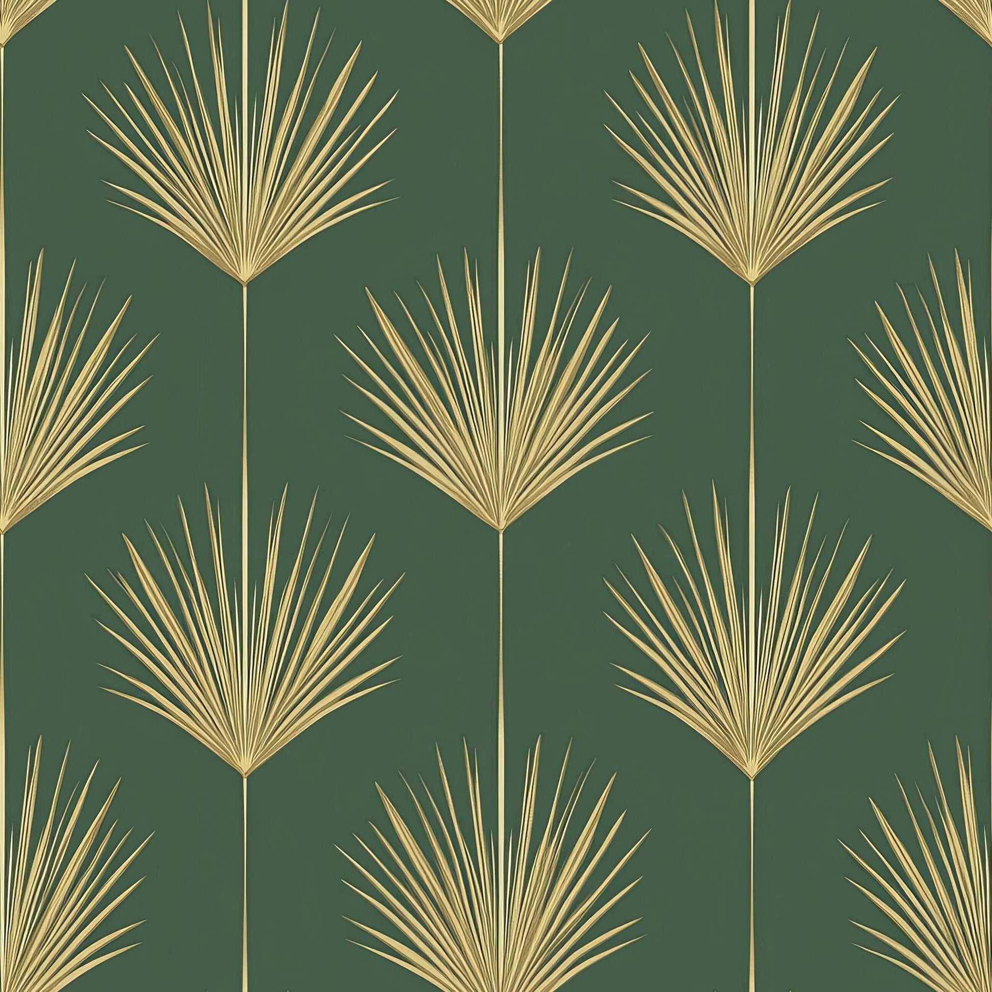 Art Deco wallpaper with gold palm leaves on lush green background, "Gold Leaf Tropics" design adds elegance to living spaces.