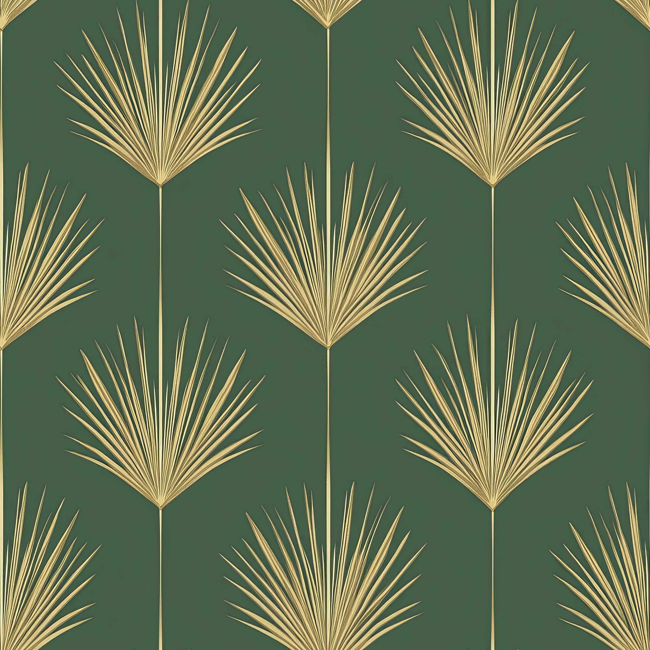 Art Deco wallpaper with gold palm leaves on lush green background, "Gold Leaf Tropics" design adds elegance to living spaces.