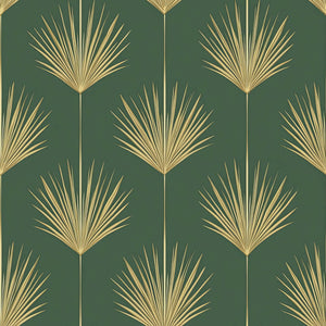 Art Deco wallpaper with gold palm leaves on lush green background, "Gold Leaf Tropics" design adds elegance to living spaces.