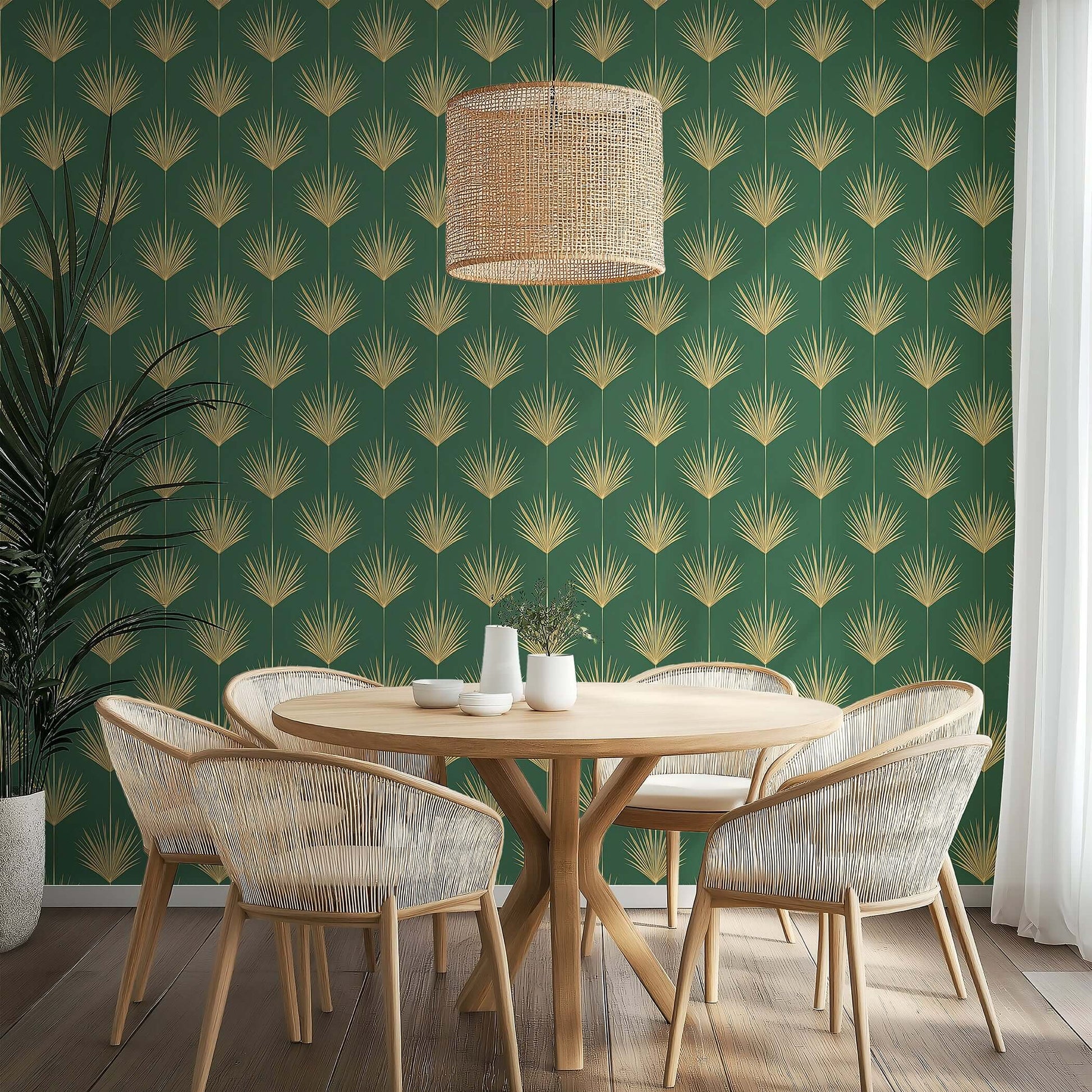 Gold Leaf Tropics wallpaper with art deco palm leaves on a green background in a modern dining room setting.