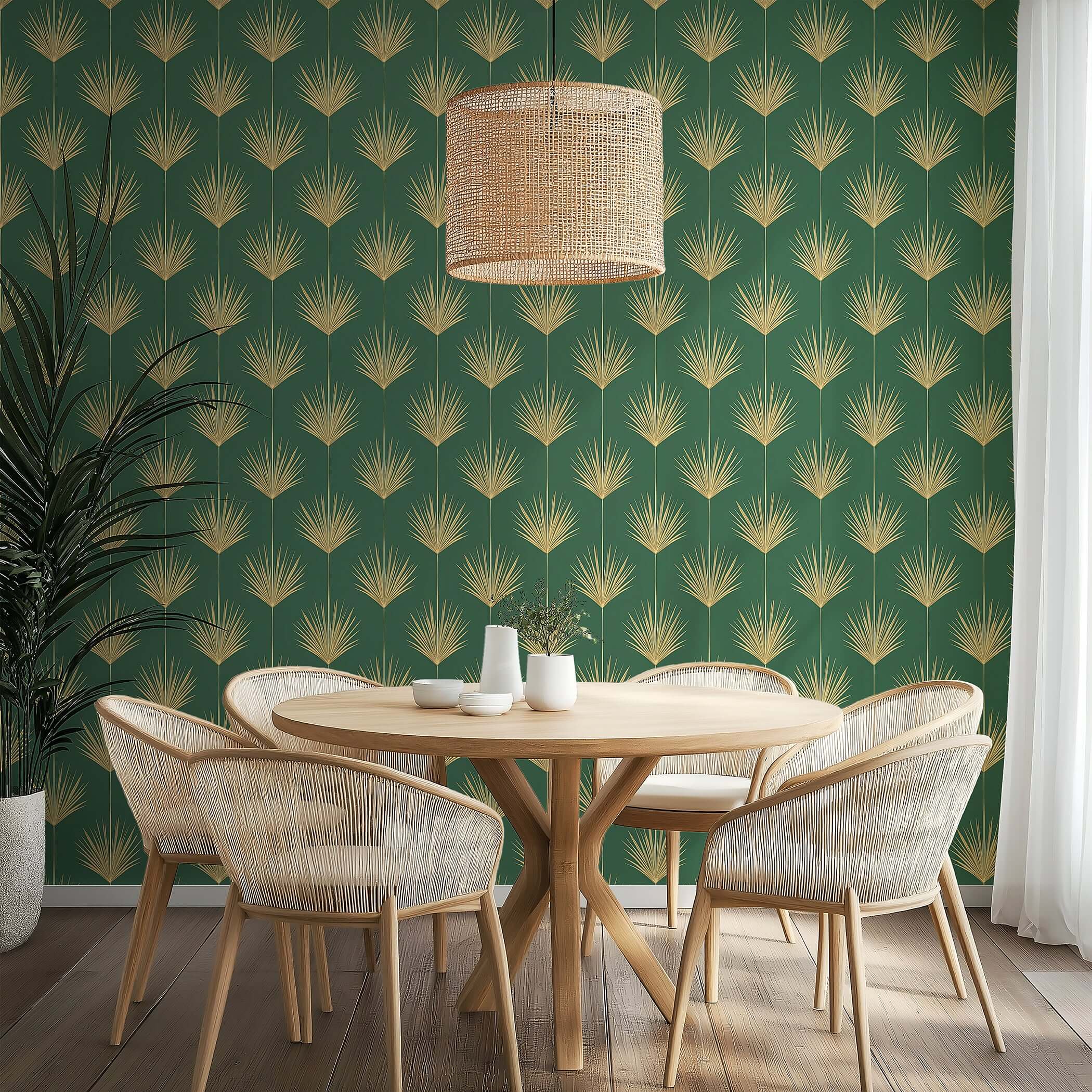 Gold Leaf Tropics wallpaper with art deco palm leaves on a green background in a modern dining room setting.