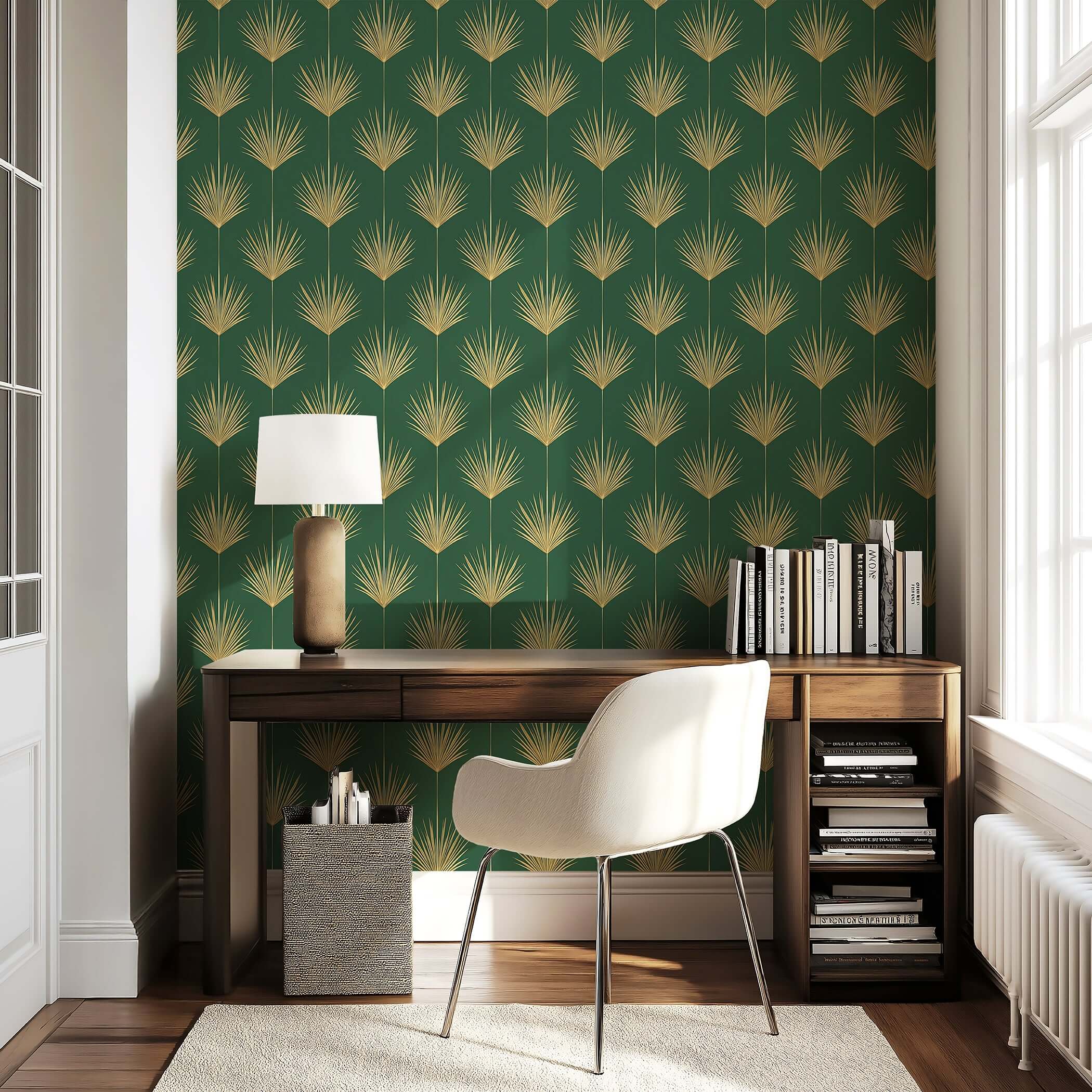 Art Deco wallpaper with gold palm leaves on green, enhancing a stylish office space with elegance and tropical flair.