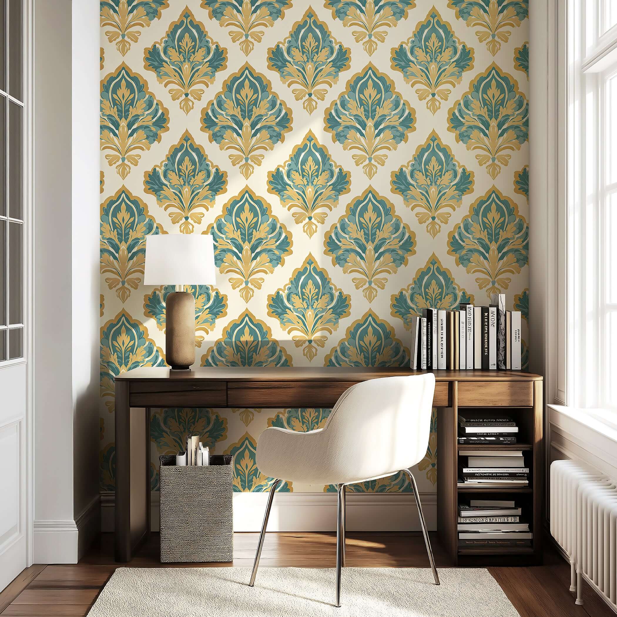 Vintage Versailles wallpaper with teal and gold damask pattern on tan background, adding timeless elegance to home décor.