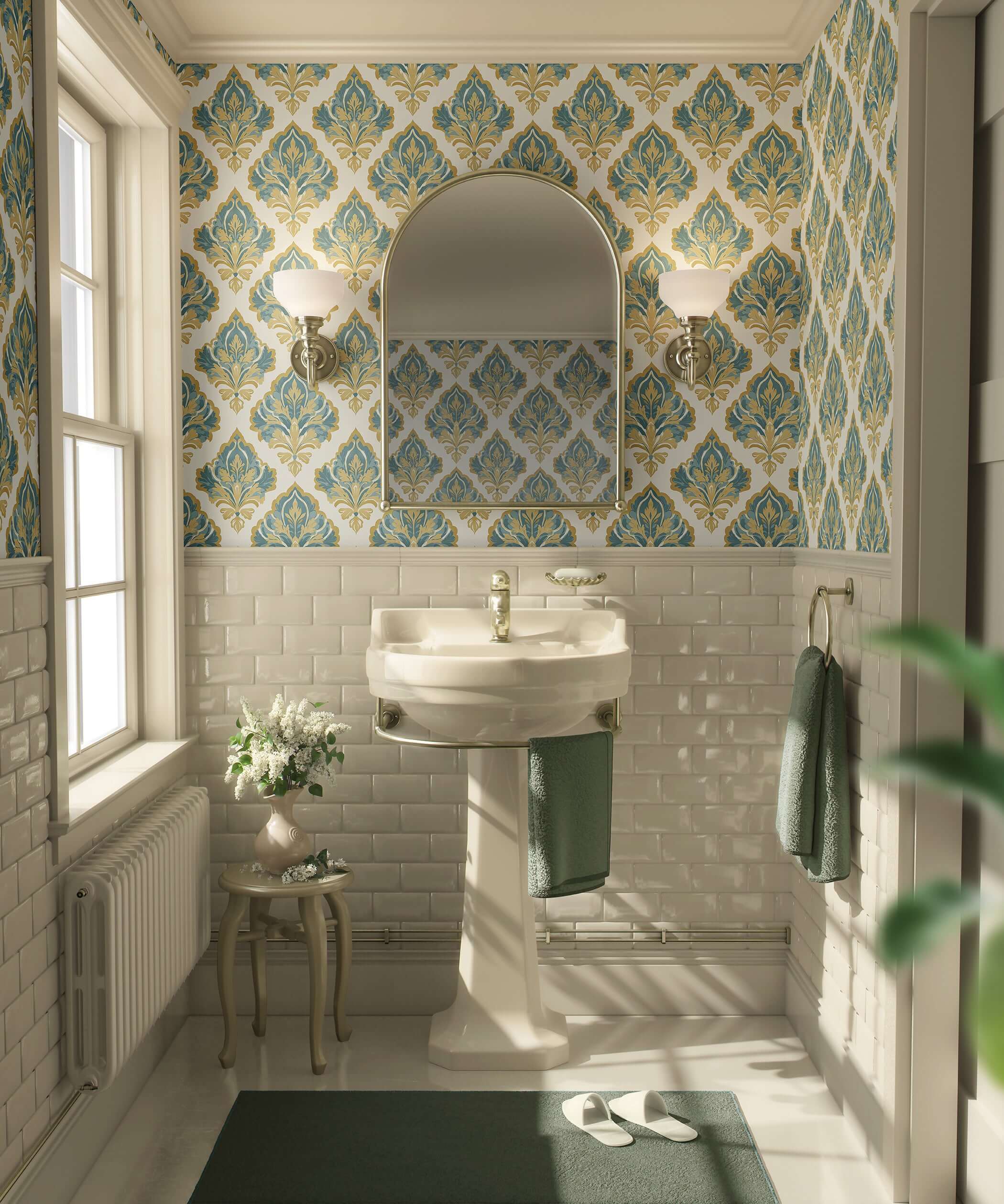 Bathroom with Vintage Versailles damask wallpaper in teal and gold, featuring classic elegance against a tan and creamy backdrop.