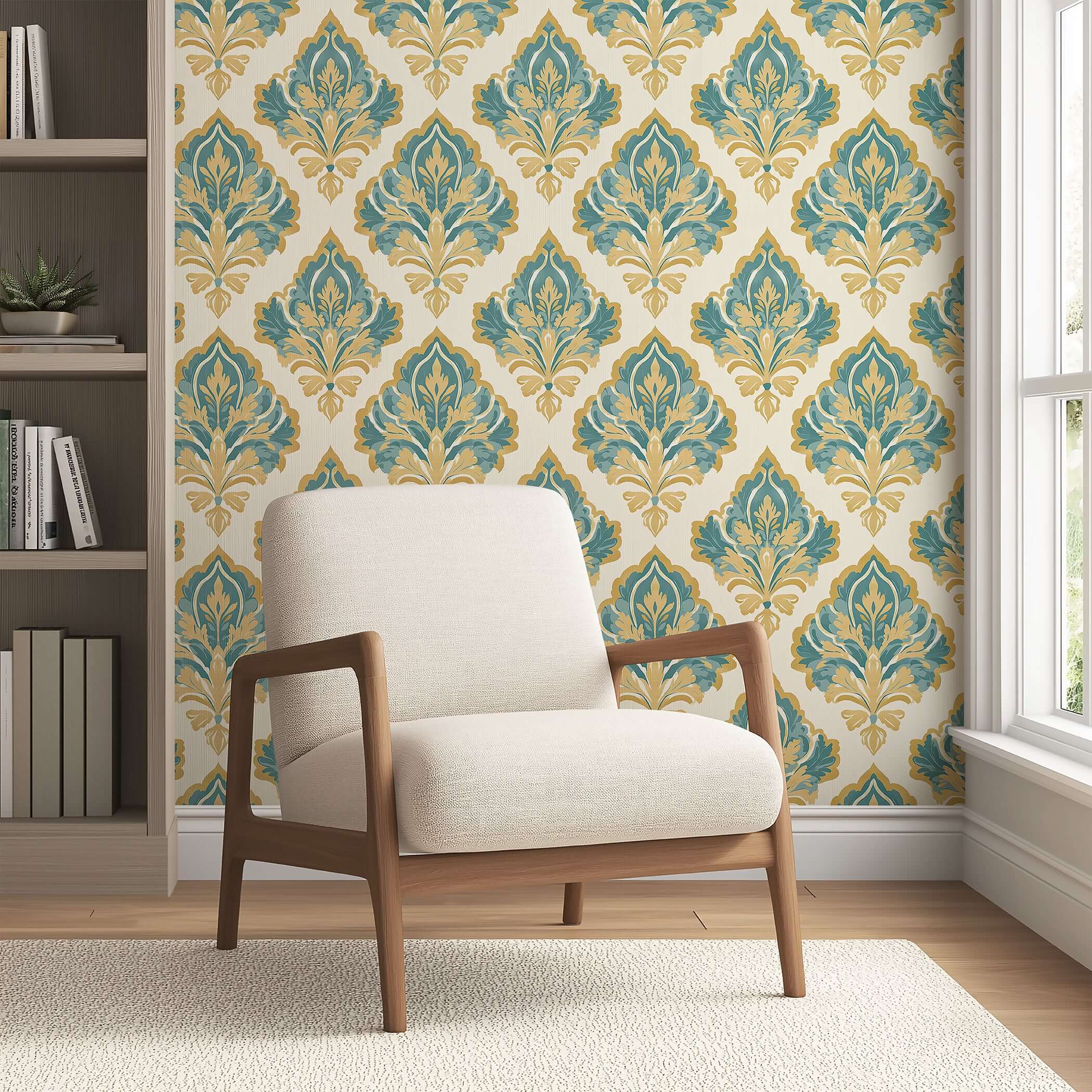 Room with Vintage Versailles wallpaper in teal and gold damask pattern, featuring a classic tan chair.