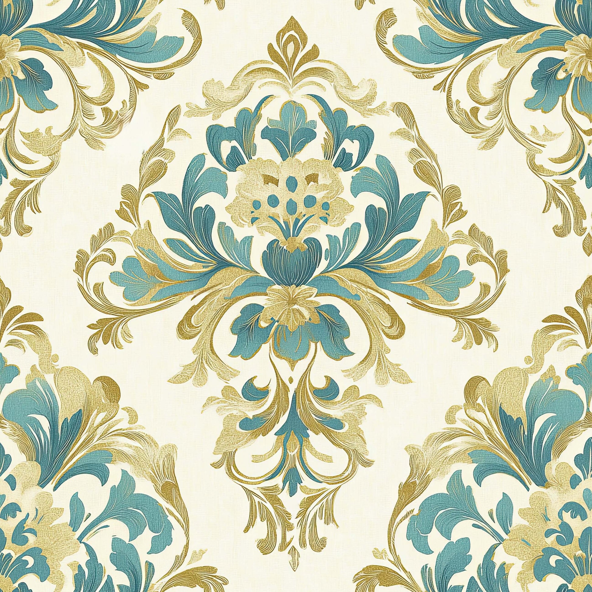 Teal Opulence Vintage Damask wallpaper featuring ornate floral motifs in teal, gold, and tan against an ivory background. Classic and timeless design.