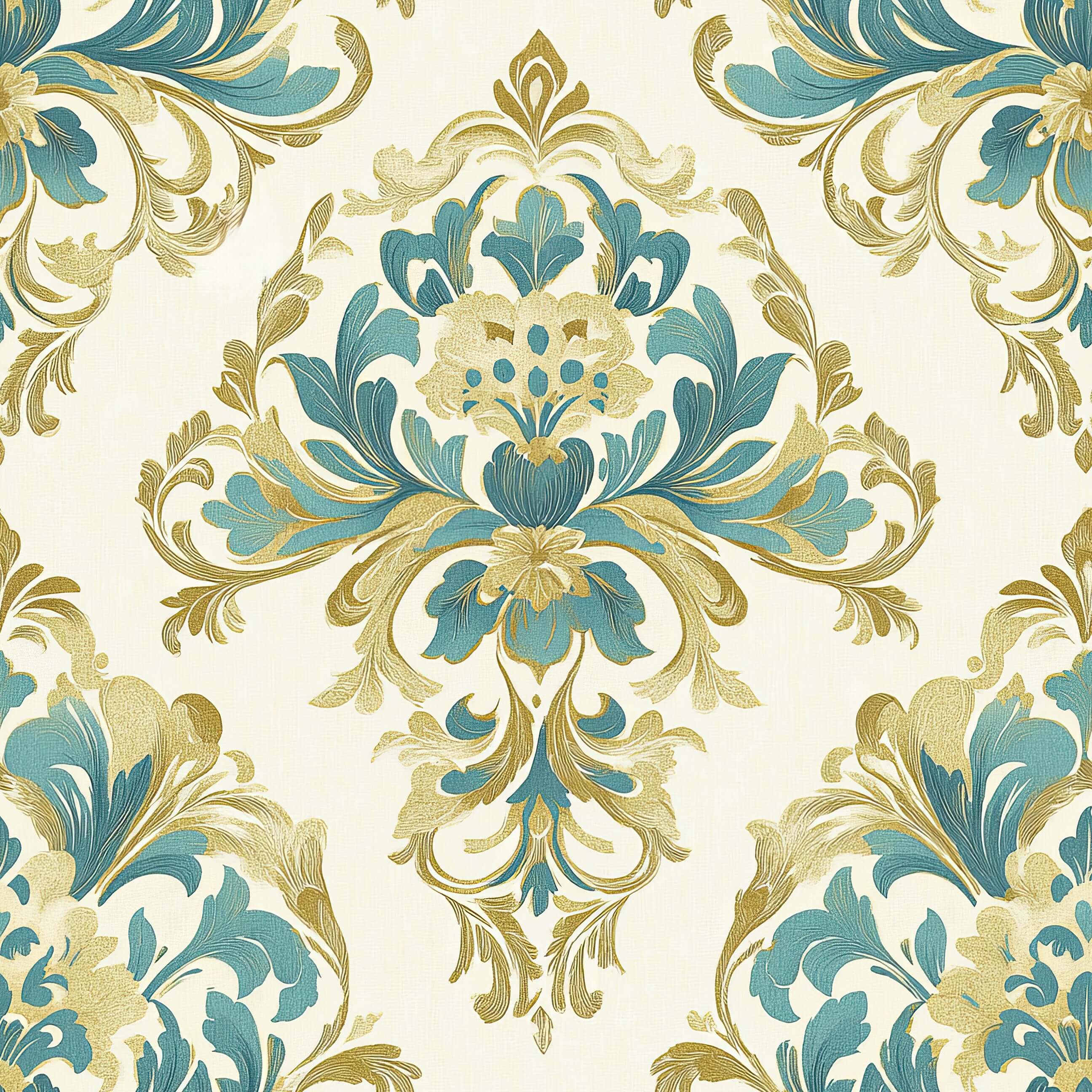 Teal Opulence Vintage Damask wallpaper featuring ornate floral motifs in teal, gold, and tan against an ivory background. Classic and timeless design.