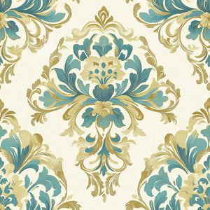 Teal Opulence Vintage Damask wallpaper featuring ornate floral motifs in teal, gold, and tan against an ivory background. Classic and timeless design.