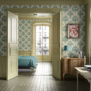Teal Opulence Vintage Damask Wallpaper with teal, gold, and tan classic floral motifs enhancing elegant room interior.