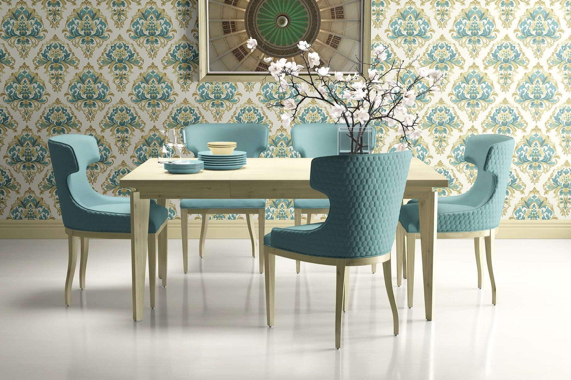 Dining room with teal damask wallpaper, teal chairs, and a tan table set, showcasing timeless elegance and vintage style.