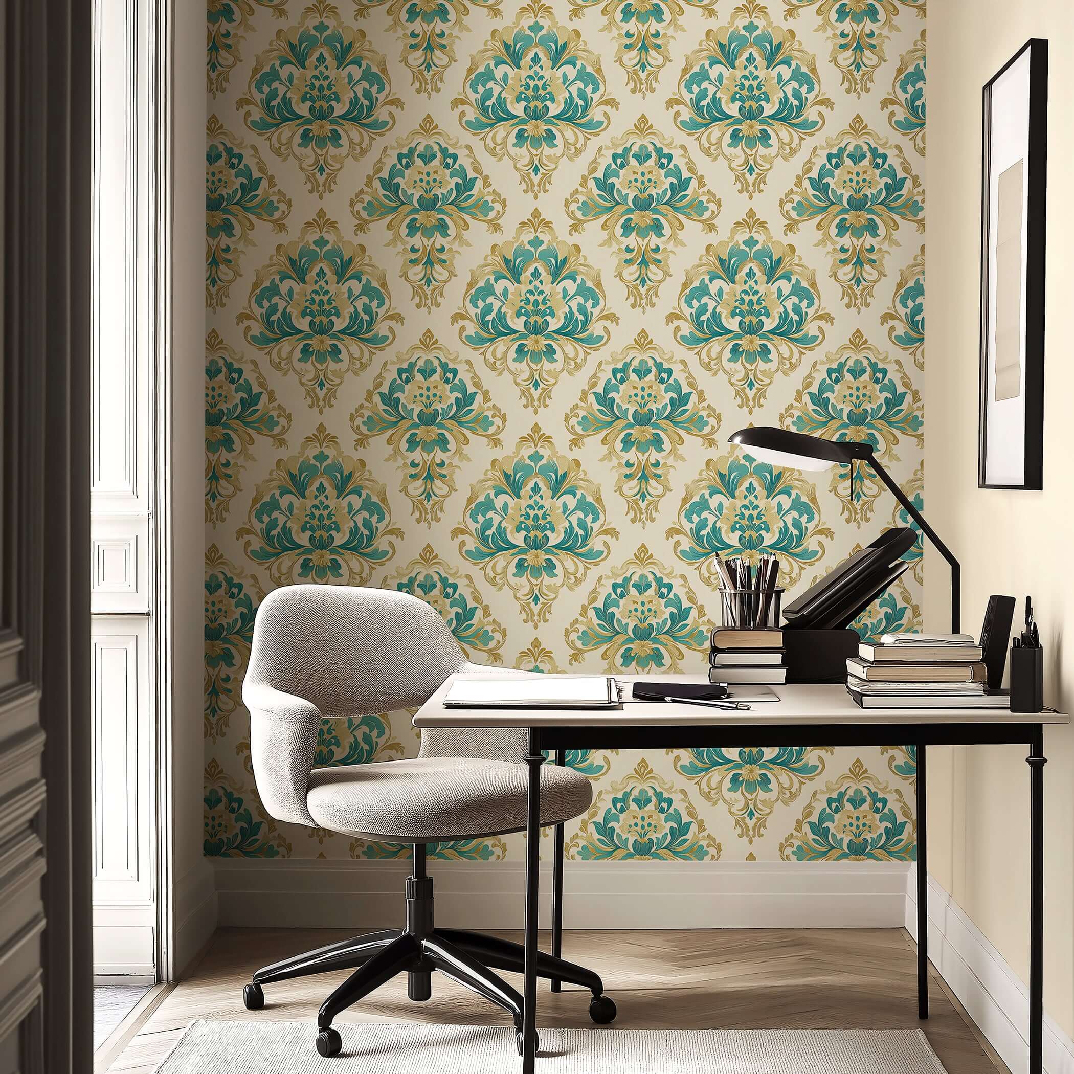 Teal Opulence Vintage Damask wallpaper with teal, gold floral motifs on ivory in a classic room setting.