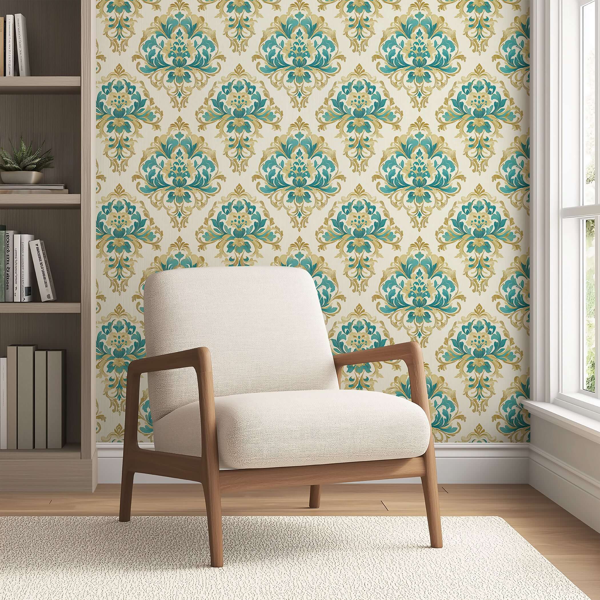 Teal Opulence Vintage Damask Wallpaper with teal and gold pattern on warm ivory, enhancing a room's classic and timeless elegance.