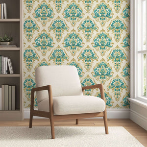 Teal Opulence Vintage Damask Wallpaper with teal and gold pattern on warm ivory, enhancing a room's classic and timeless elegance.