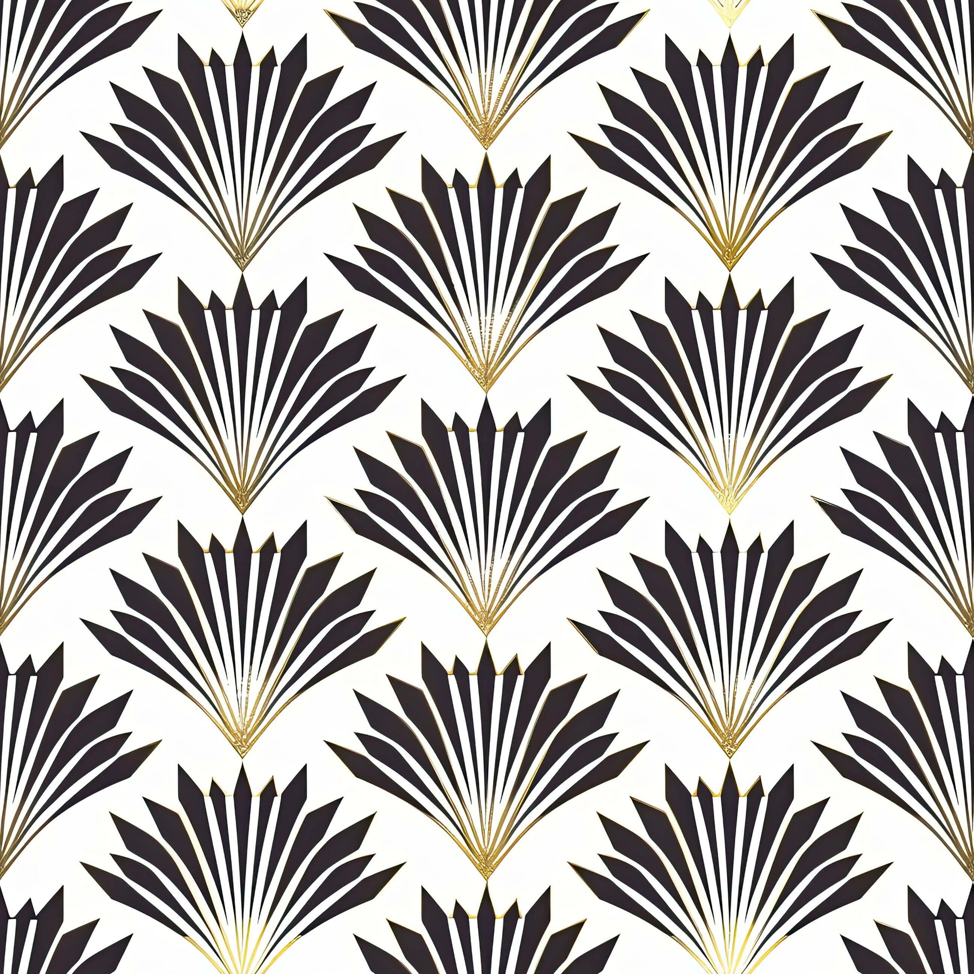 Art Deco geometric wallpaper with black fan motifs and gold highlights on a white background, featuring vintage design elegance.