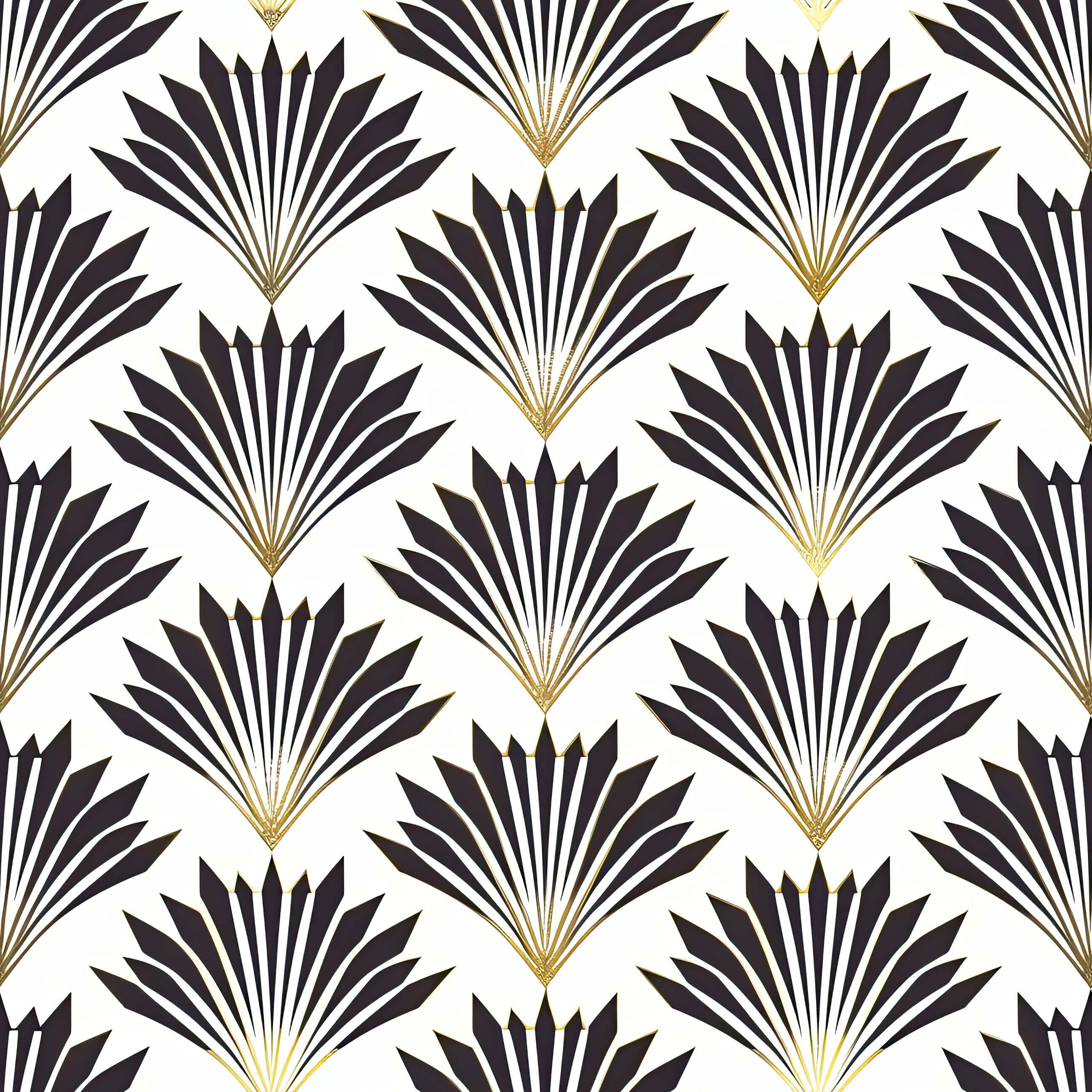 Art Deco geometric wallpaper with black fan motifs and gold highlights on a white background, featuring vintage design elegance.