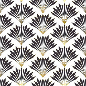 Art Deco geometric wallpaper with black fan motifs and gold highlights on a white background, featuring vintage design elegance.