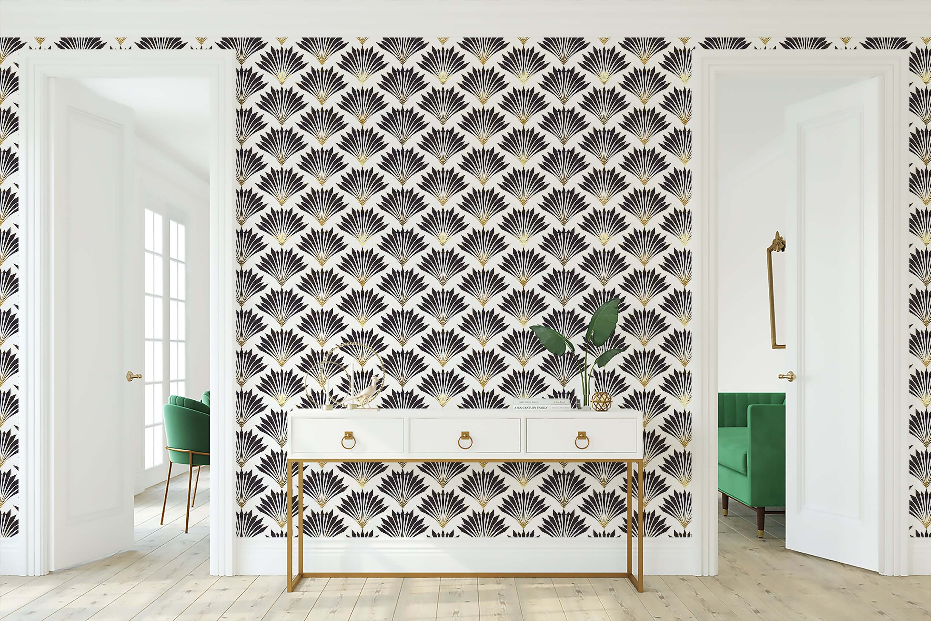 Art Deco wallpaper with black and gold geometric fan motifs on a white background enhances the elegance of a modern interior space.