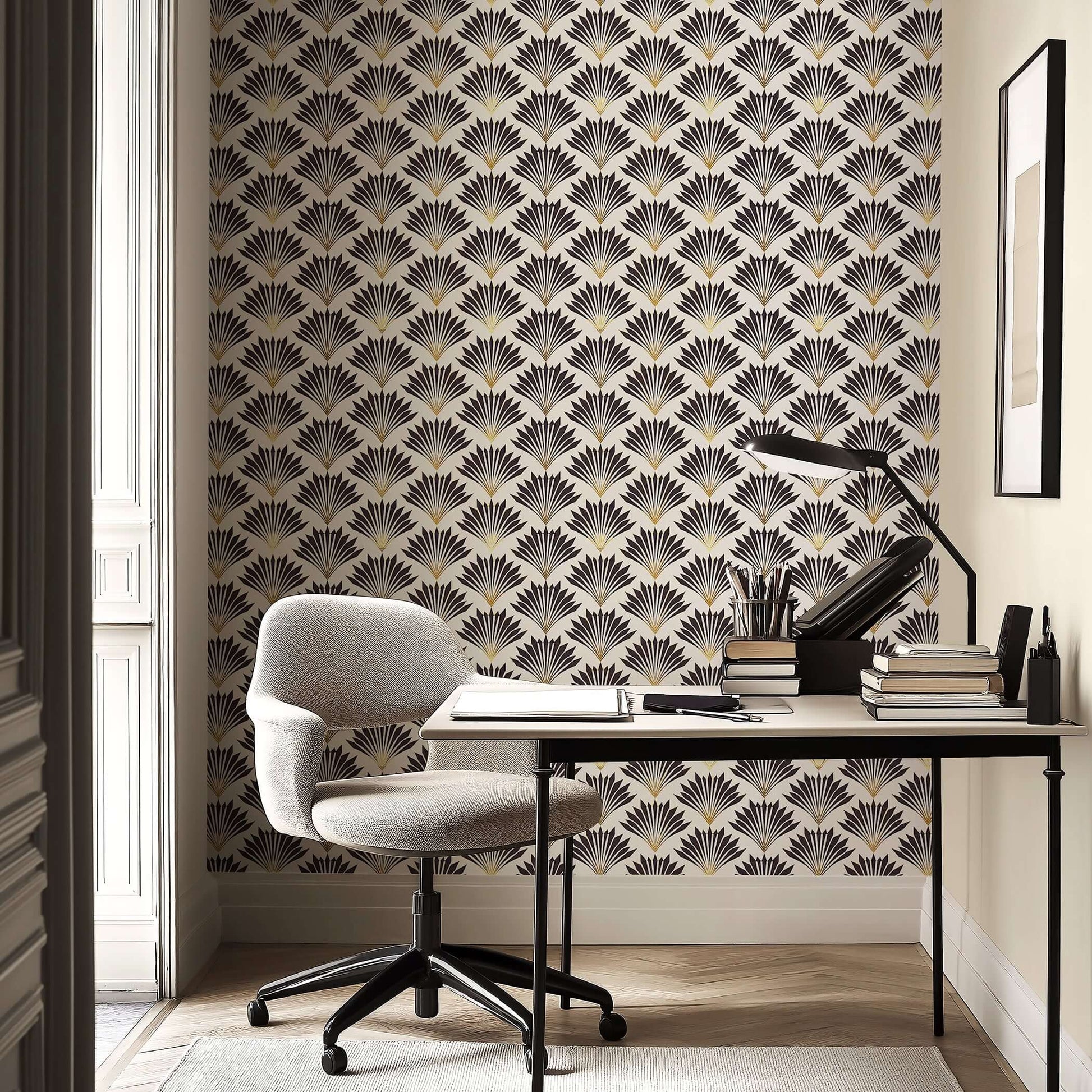 Metropolitan Deco wallpaper with black fan motifs and gold highlights in an Art Deco style, enhancing a modern office space.