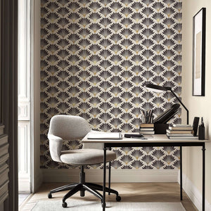 Metropolitan Deco wallpaper with black fan motifs and gold highlights in an Art Deco style, enhancing a modern office space.