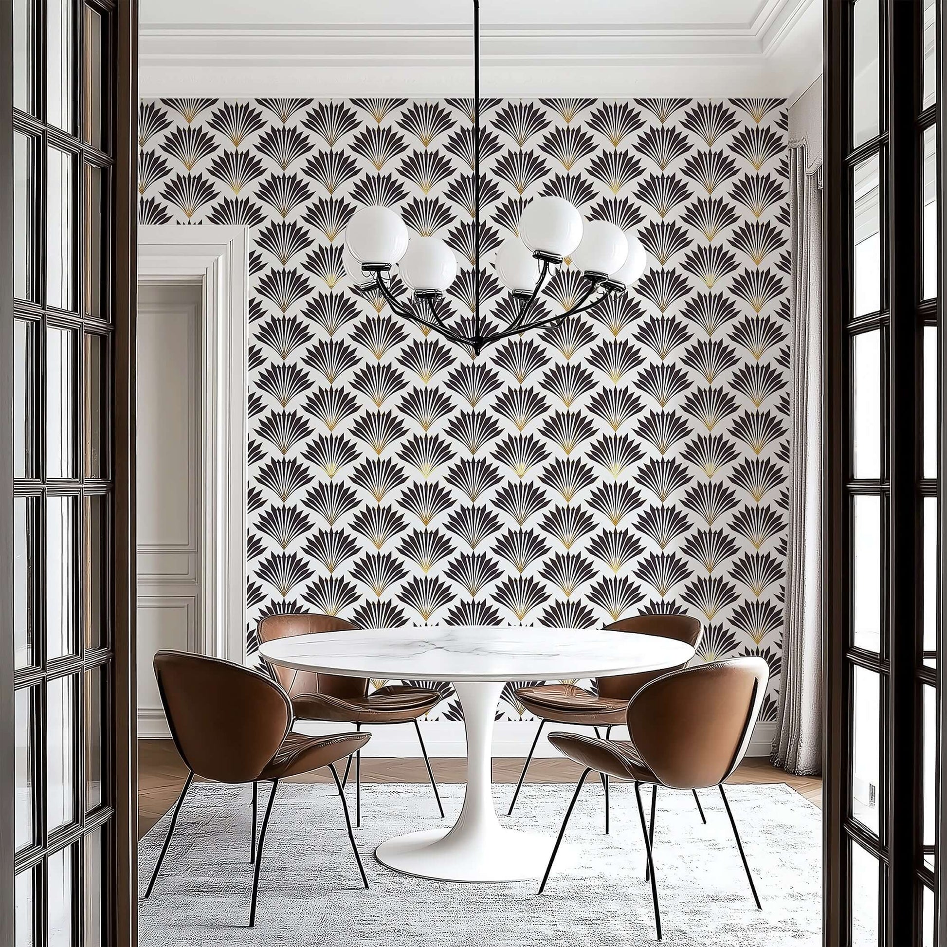 Dining room with Metropolitan Deco geometric wallpaper featuring black and gold Art Deco fan motifs, emphasizing vintage elegance.