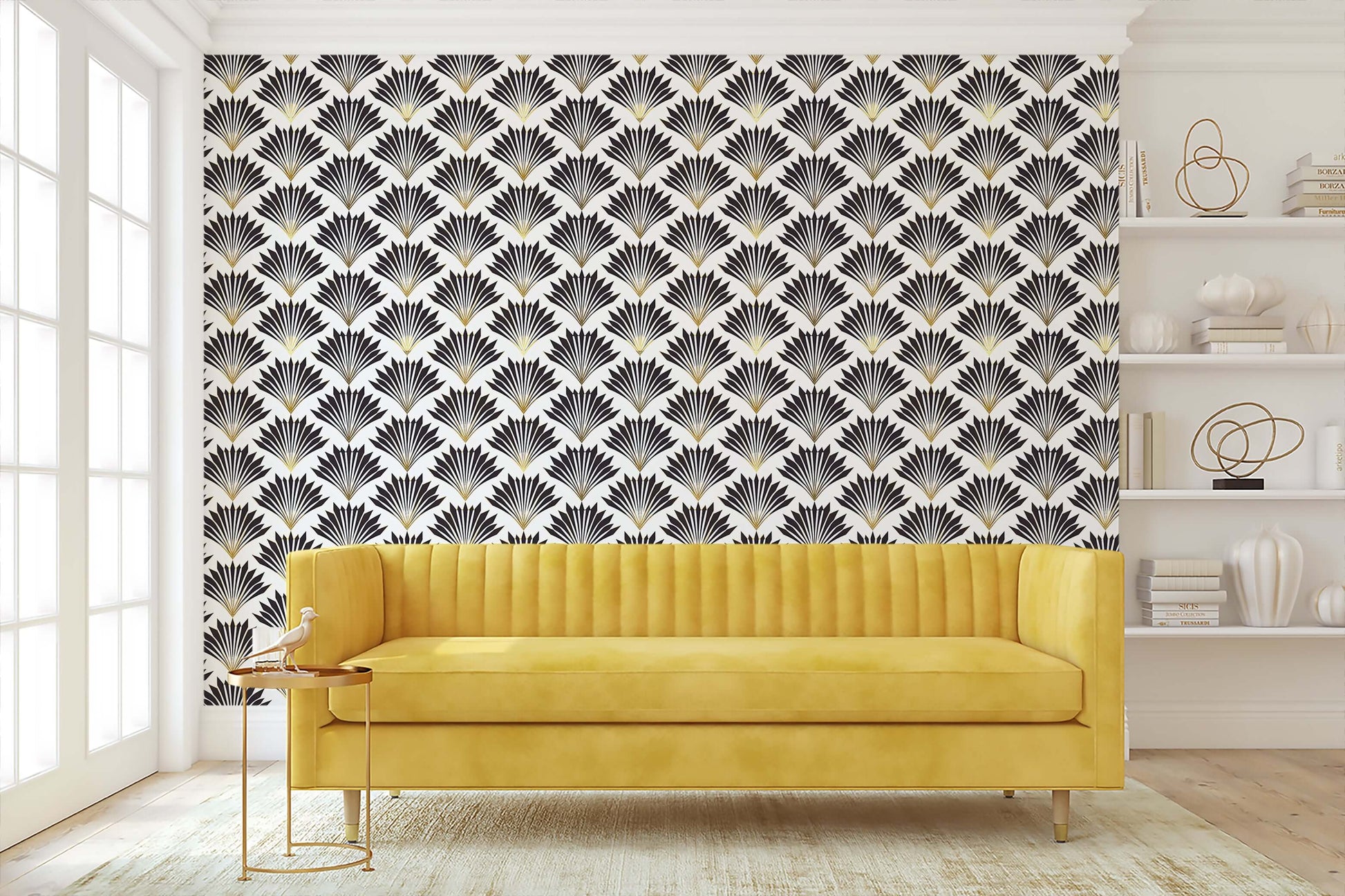 Art Deco wallpaper with black fan motifs and golden highlights, enhancing a modern room's elegance and vintage geometric design.