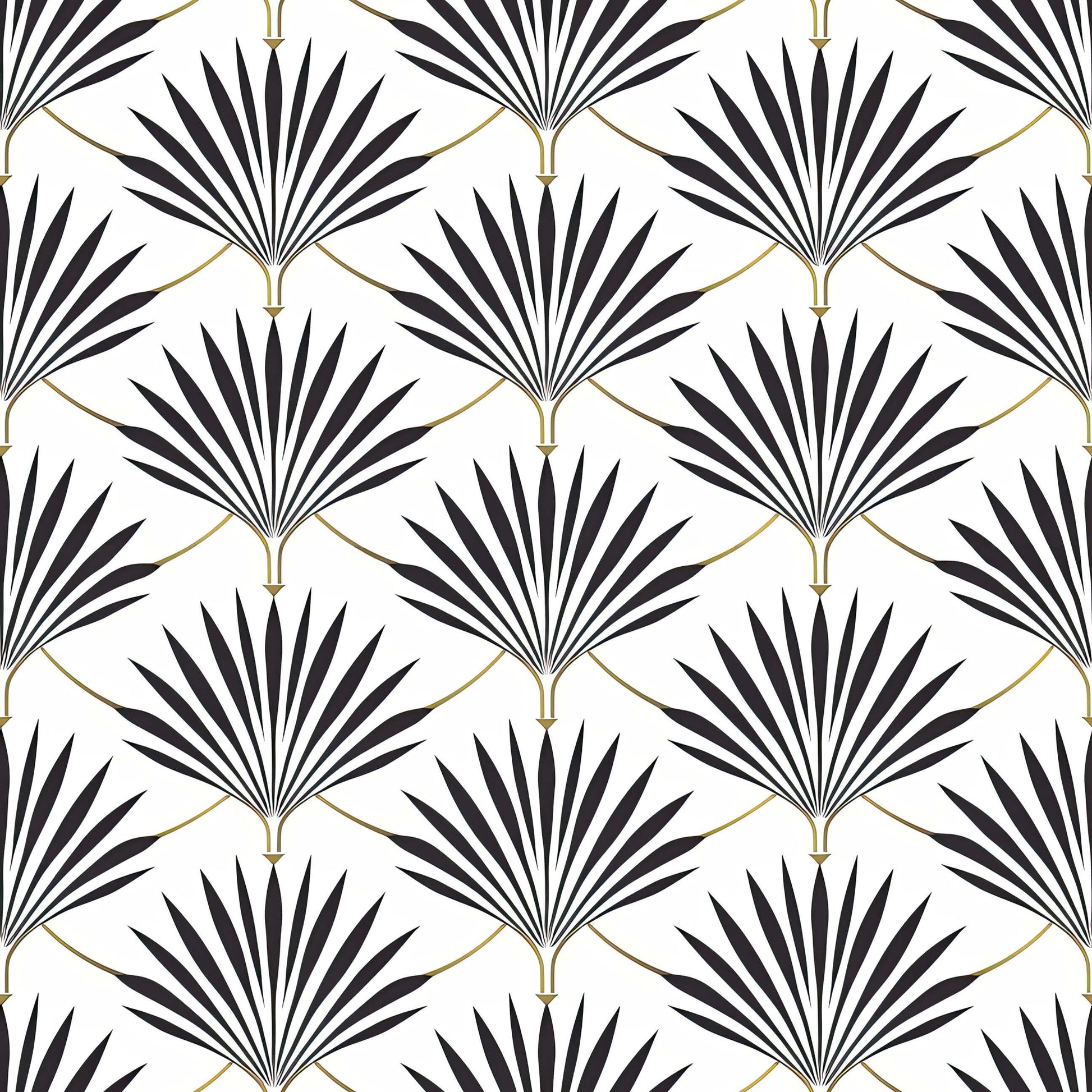 Vintage Noir Fan Palms Art Deco wallpaper with geometric black-and-white fan pattern and gold accents, perfect for elegant spaces.