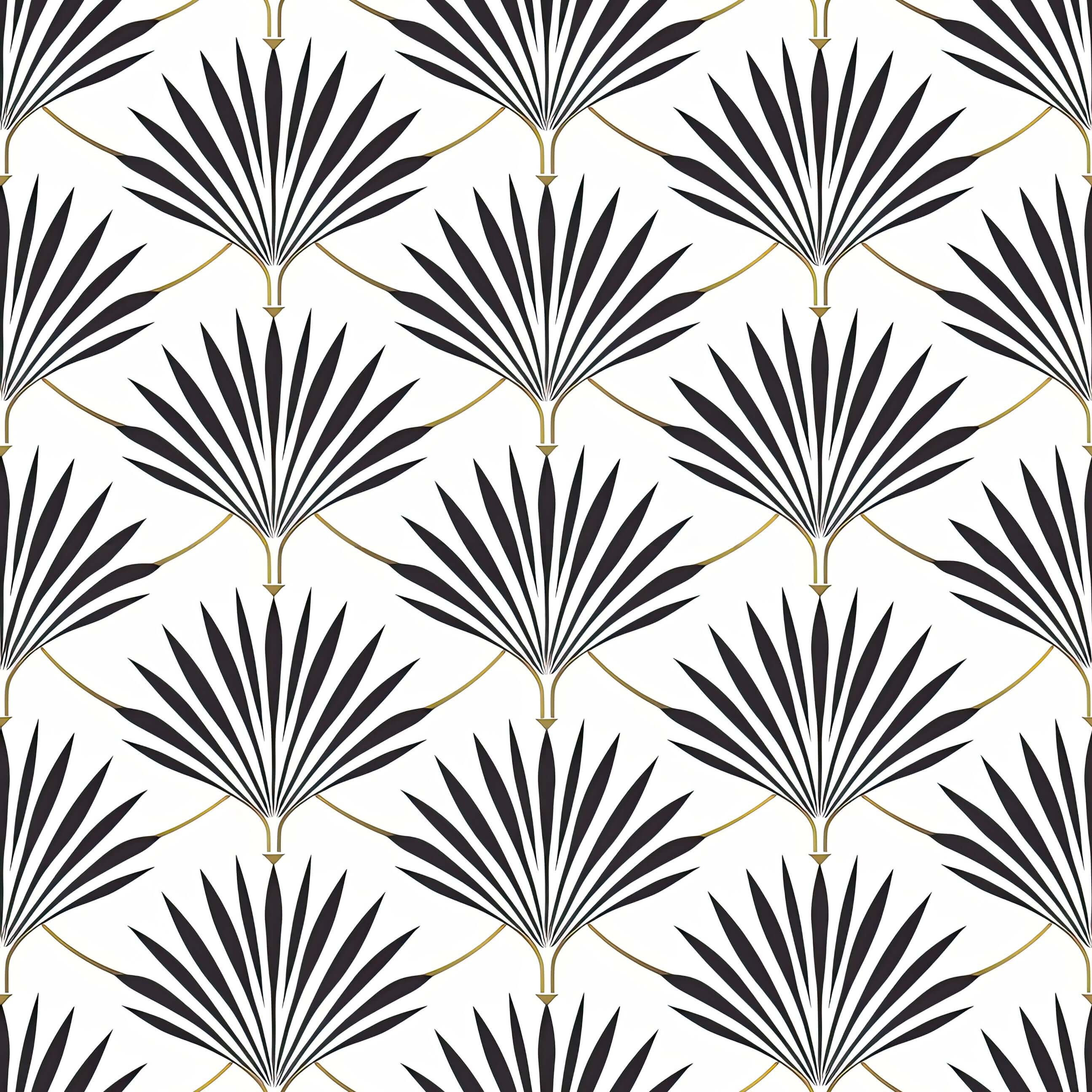 Vintage Noir Fan Palms Art Deco wallpaper with geometric black-and-white fan pattern and gold accents, perfect for elegant spaces.