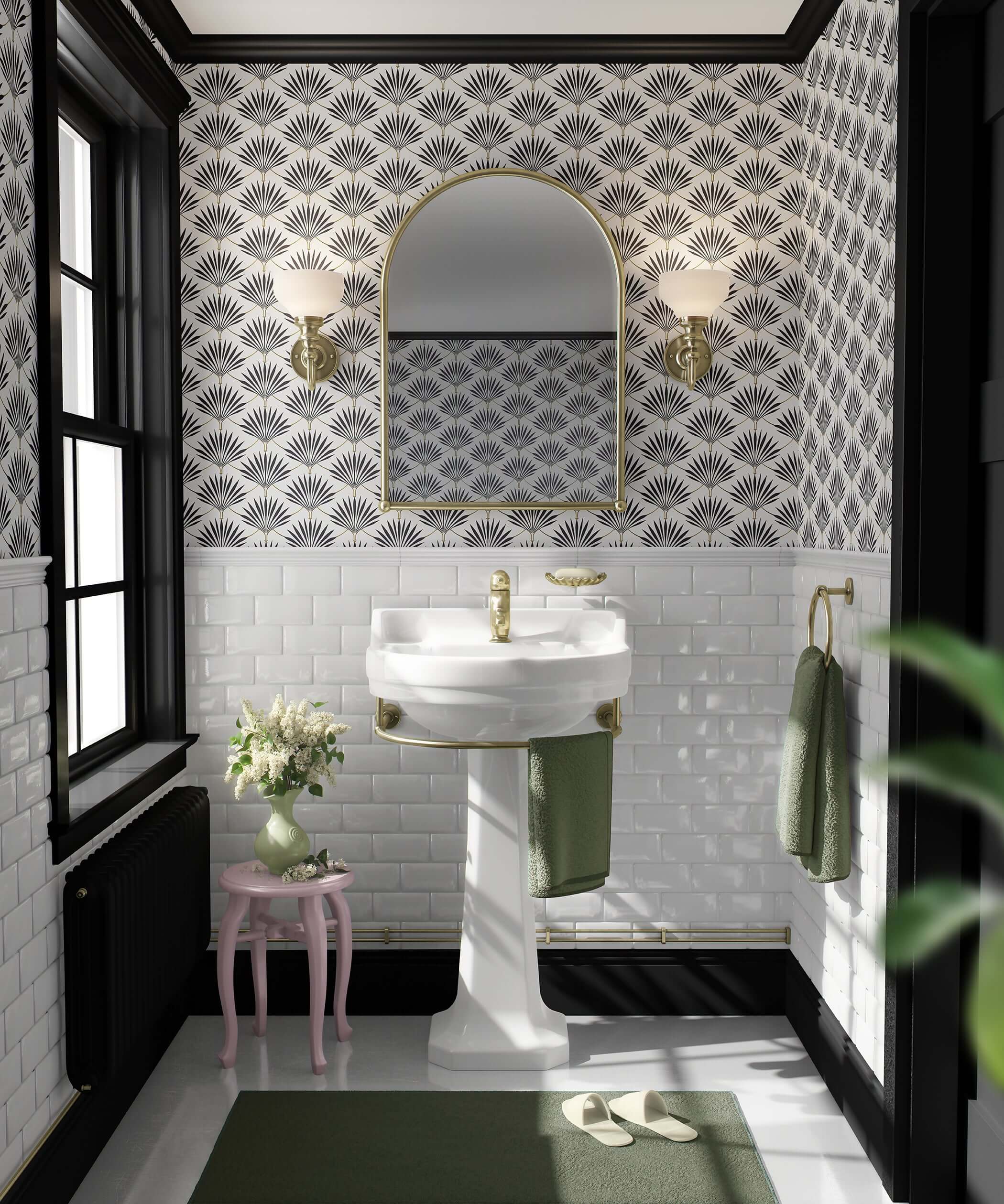 Art Deco bathroom featuring black-and-white Vintage Noir Fan Palms wallpaper with geometric palm design and gold accents.