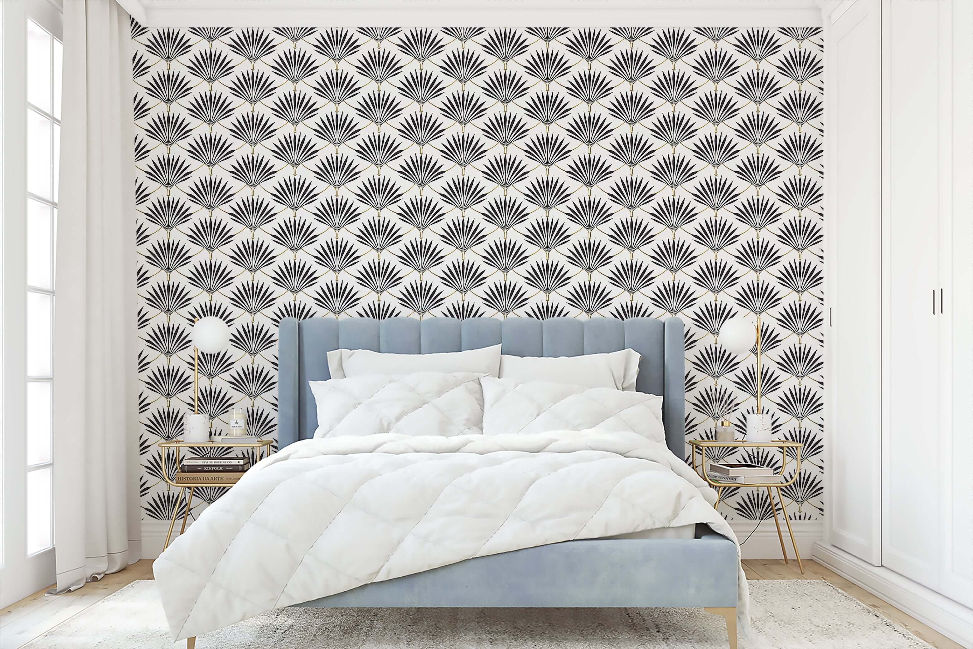 Vintage Noir Fan Palms Art Deco wallpaper in a bedroom, showcasing black-and-white geometric fan patterns for an elegant statement wall.