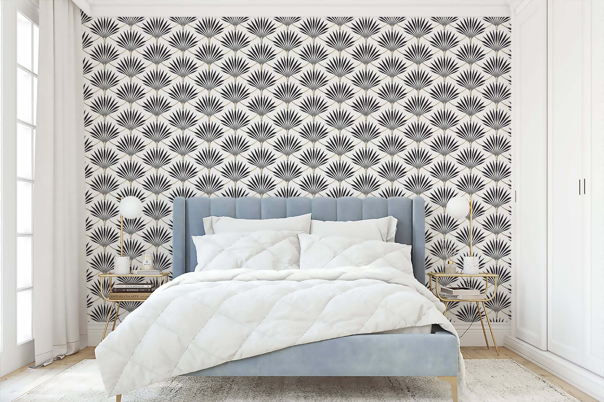Vintage Noir Fan Palms Art Deco wallpaper in a bedroom, showcasing black-and-white geometric fan patterns for an elegant statement wall.