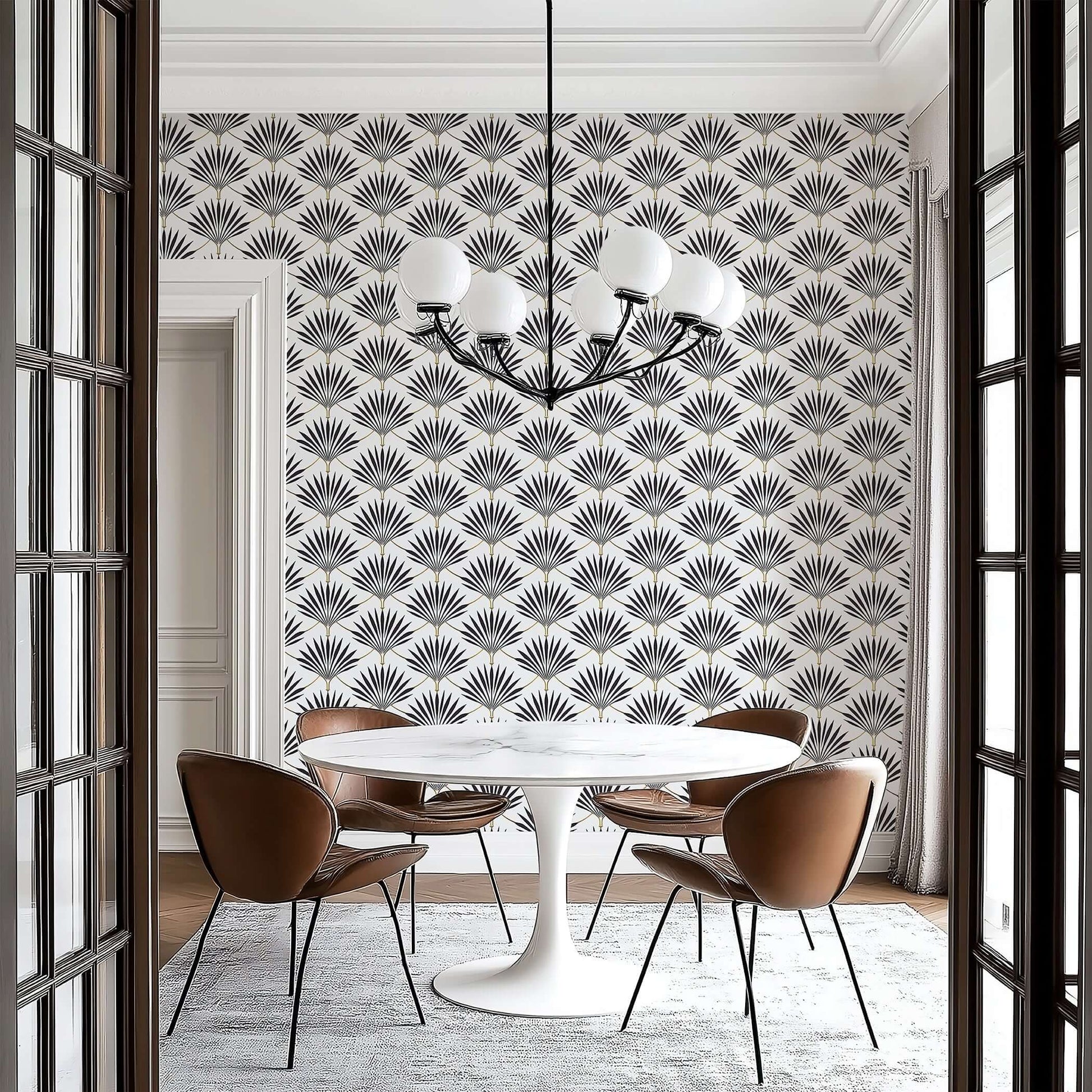 Elegant dining room with Vintage Noir Fan Palms art deco wallpaper featuring black-and-white geometric fan motifs and subtle gold accents.