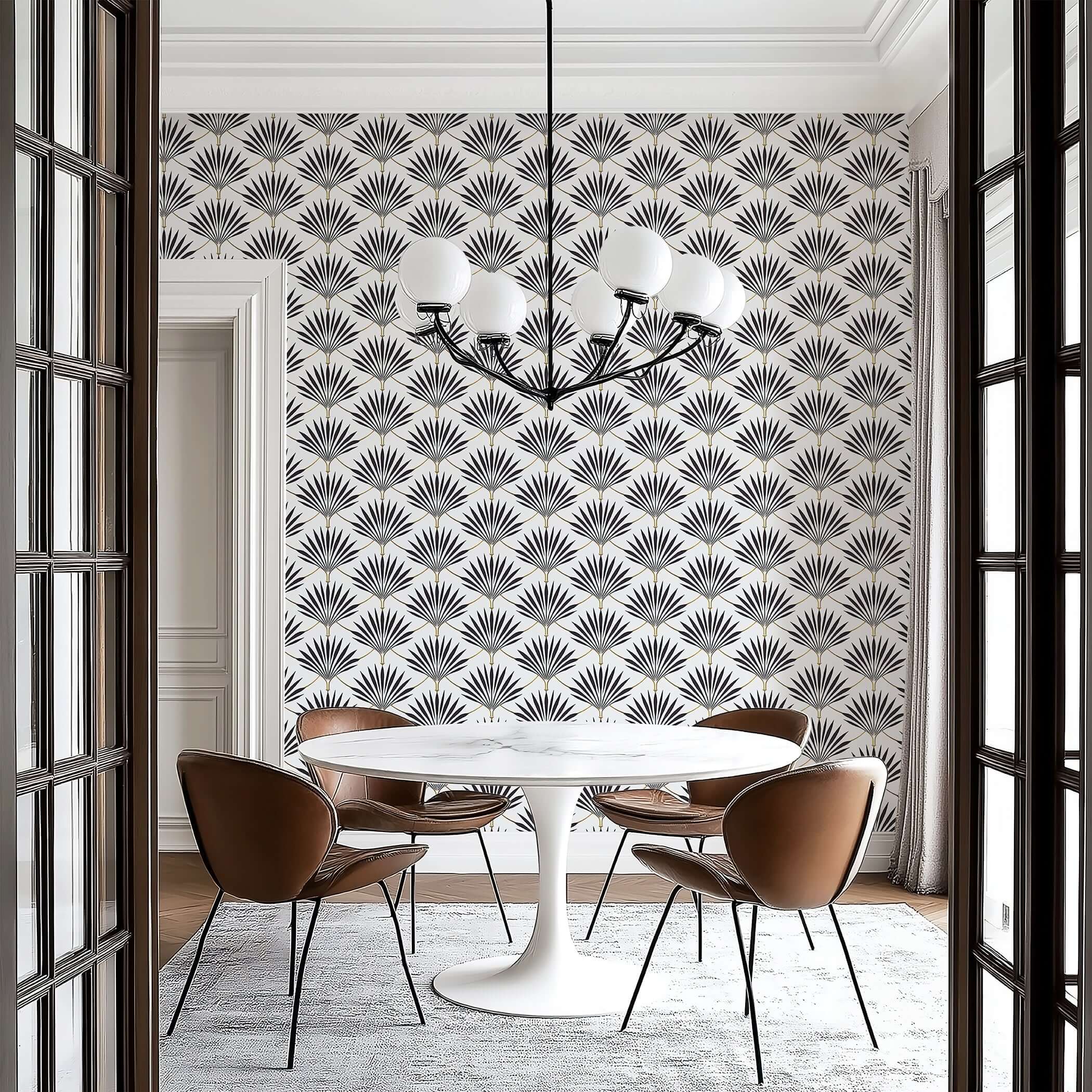 Elegant dining room with Vintage Noir Fan Palms art deco wallpaper featuring black-and-white geometric fan motifs and subtle gold accents.