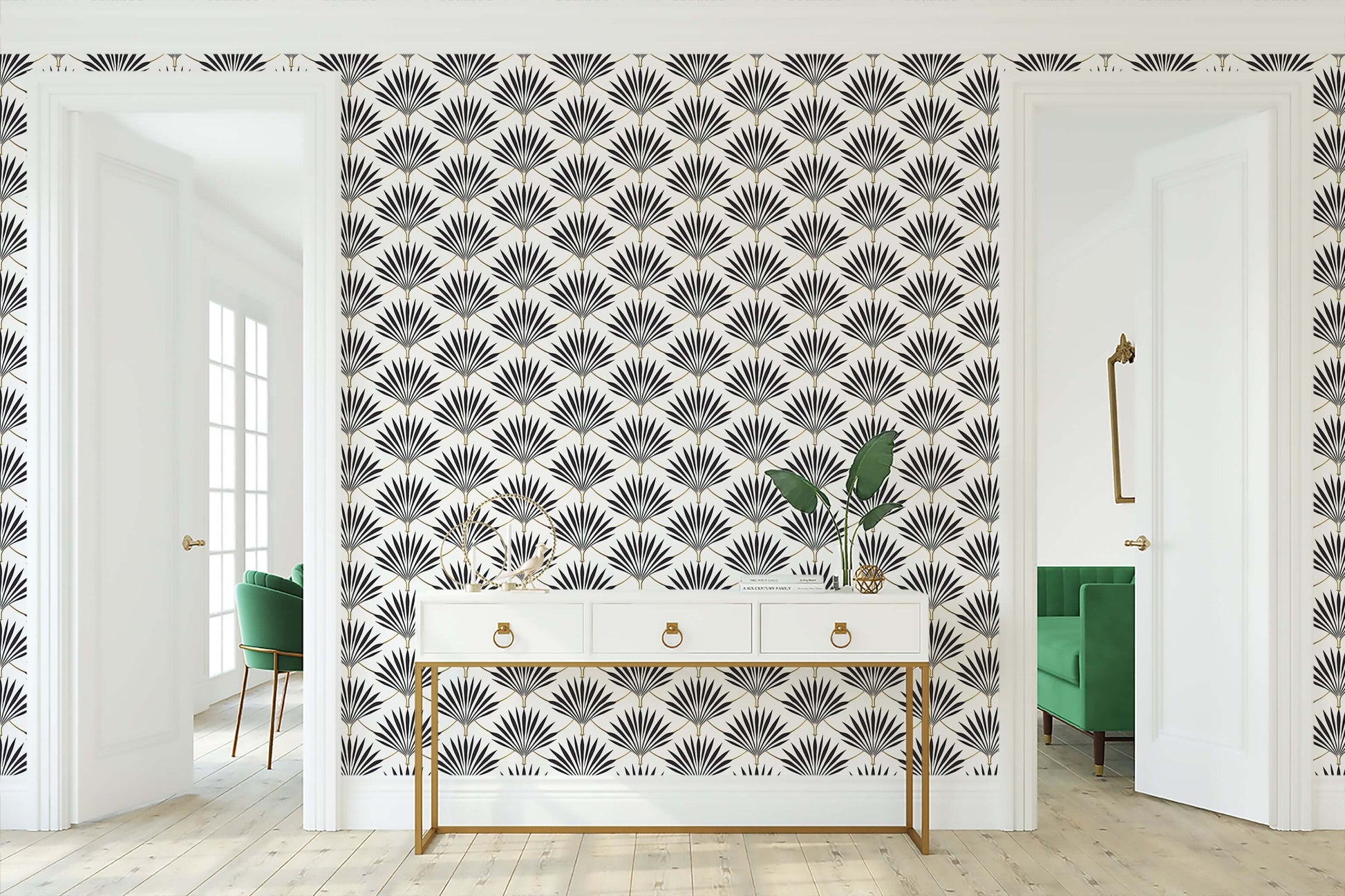 Art Deco vintage noir fan palms wallpaper with geometric design in a chic room, featuring elegant black-and-white palm fronds pattern.