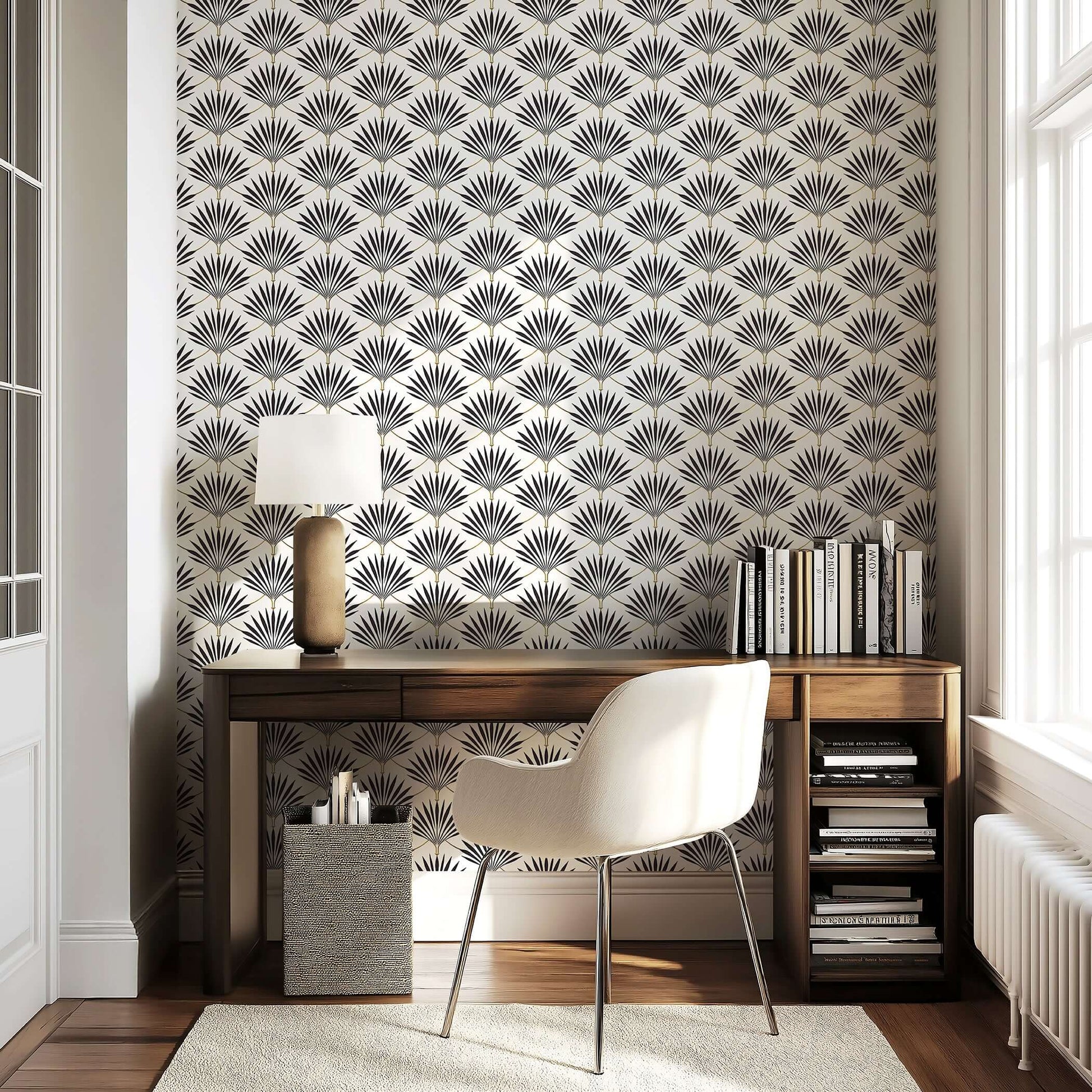 Art Deco wallpaper with black-and-white geometric fan palms. Adds vintage elegance with subtle gold accents, ideal for statement walls.