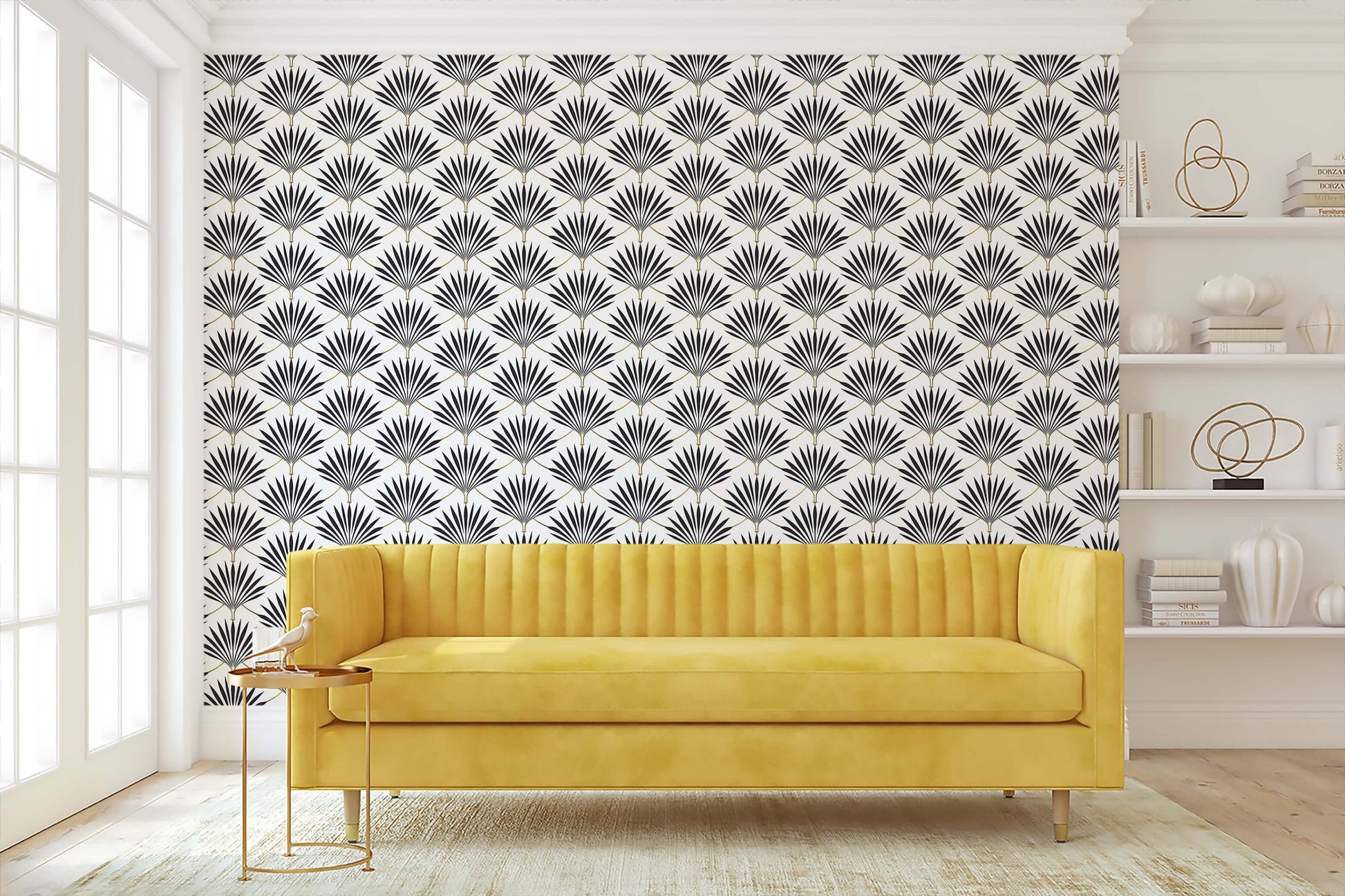 Art Deco wallpaper with black-and-white fan palm fronds, geometric design, in a room with a yellow sofa. Perfect for statement walls.