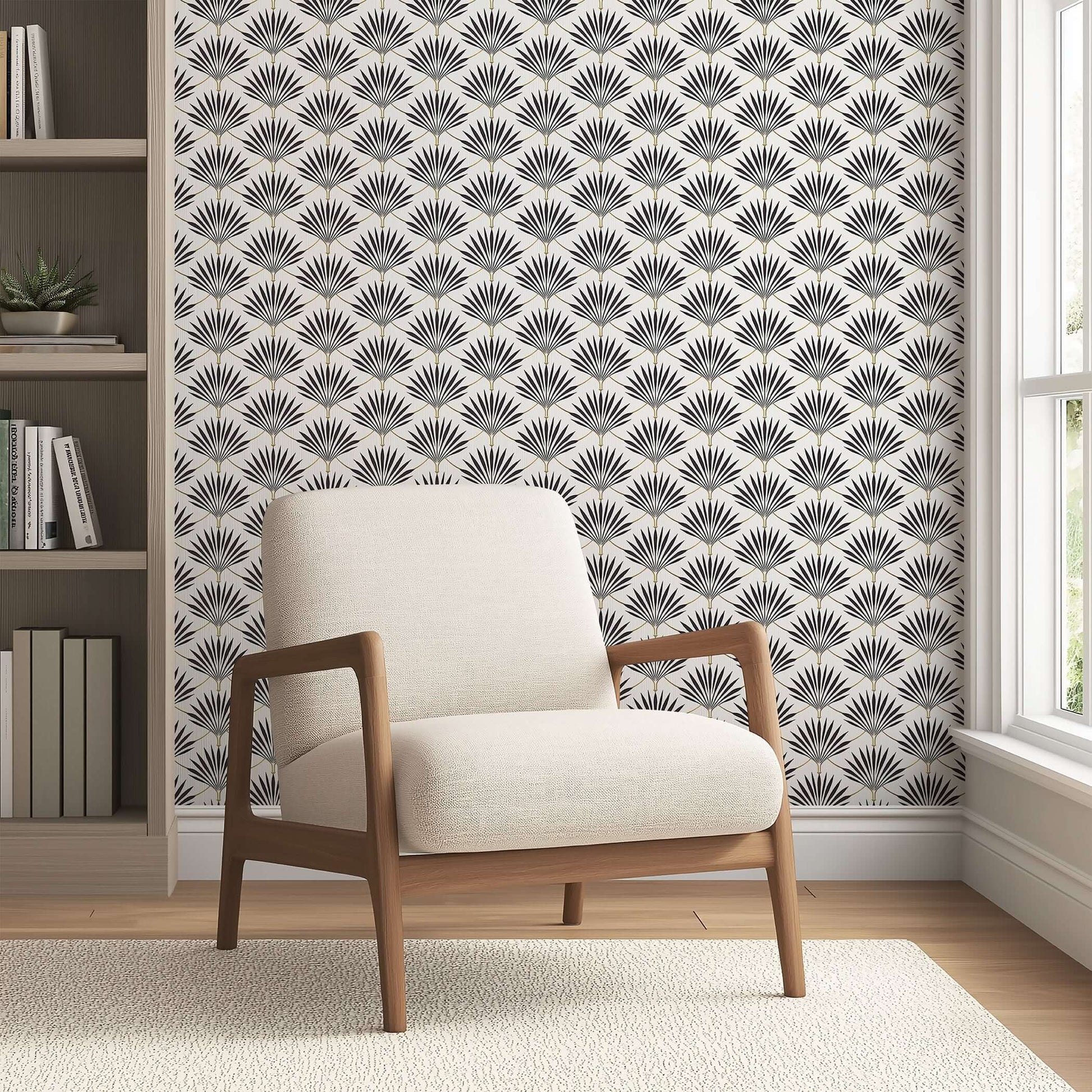 Art Deco wallpaper with black-and-white fan palms, featuring geometric elegance in a modern living room setting, perfect for statement walls.
