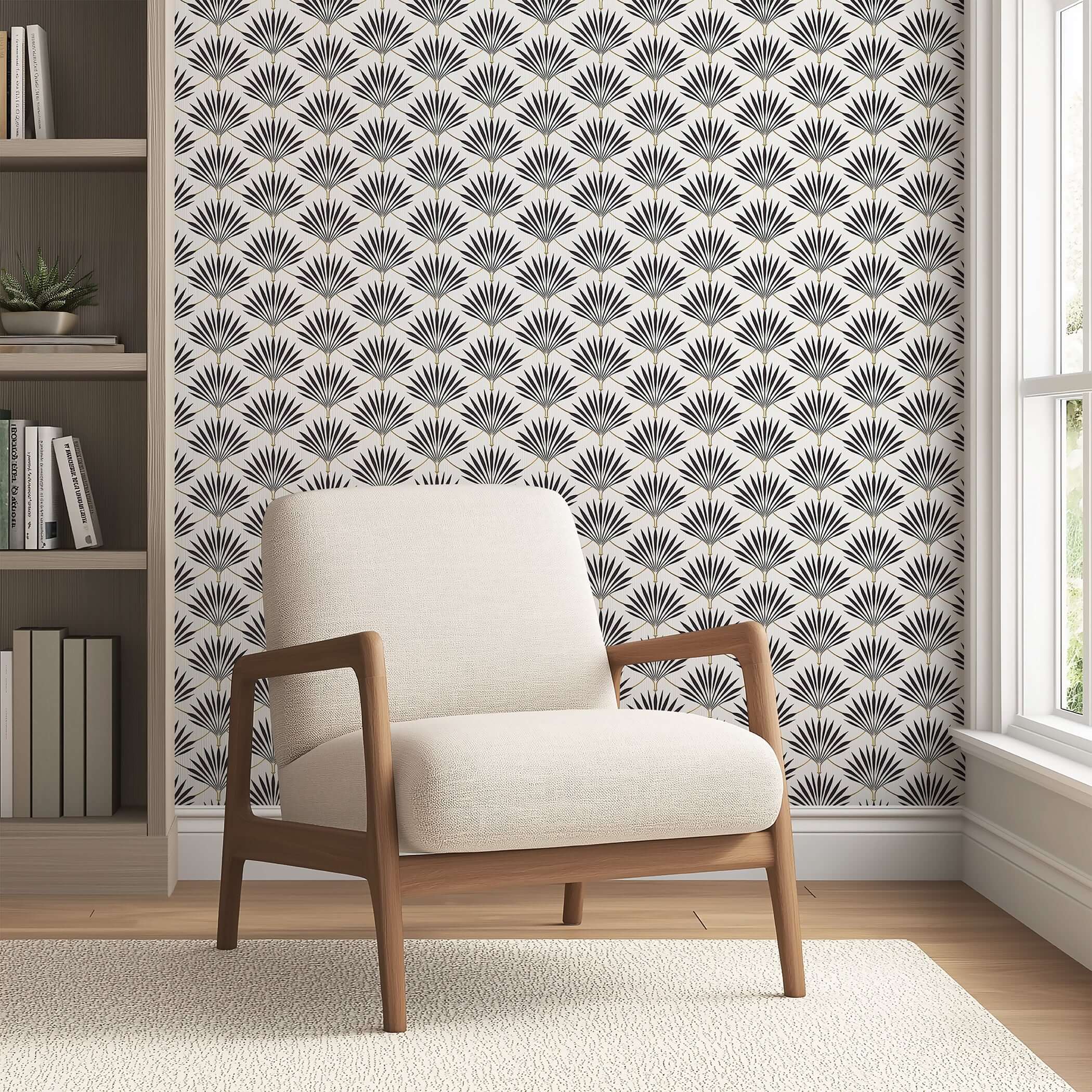 Art Deco wallpaper with black-and-white fan palms, featuring geometric elegance in a modern living room setting, perfect for statement walls.