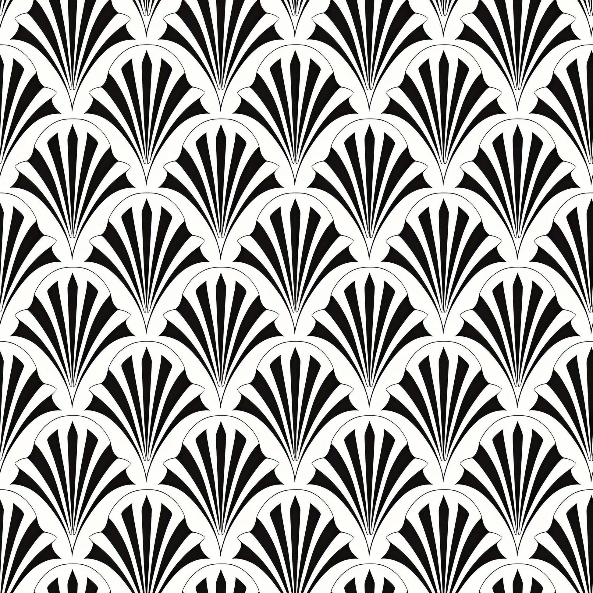 Art Deco fan garden wallpaper with geometric black fan-shaped pattern on white background, showcasing 1920s design elegance.